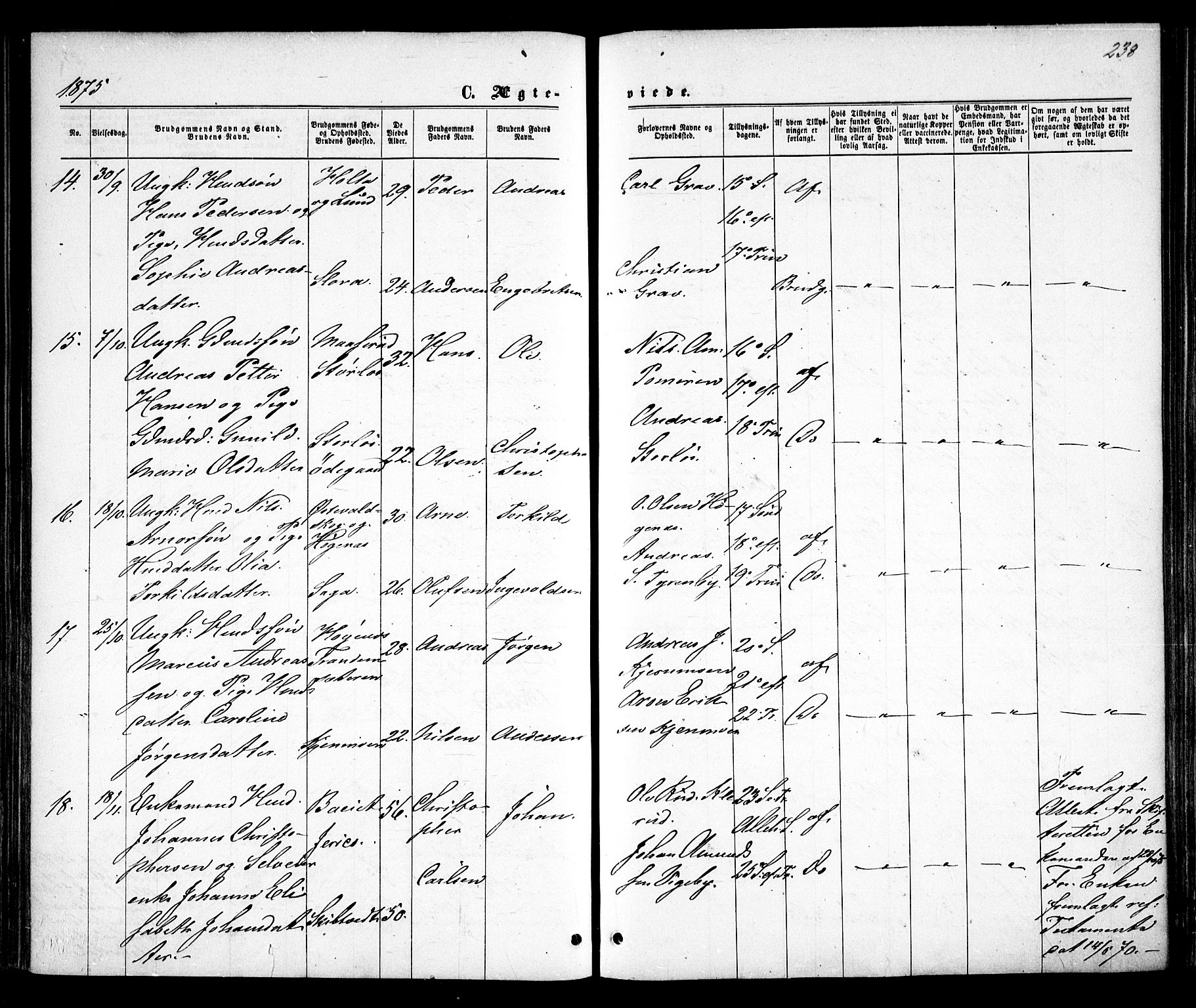 Rødenes prestekontor Kirkebøker, AV/SAO-A-2005/F/Fa/L0008: Parish register (official) no. I 8, 1869-1879, p. 238