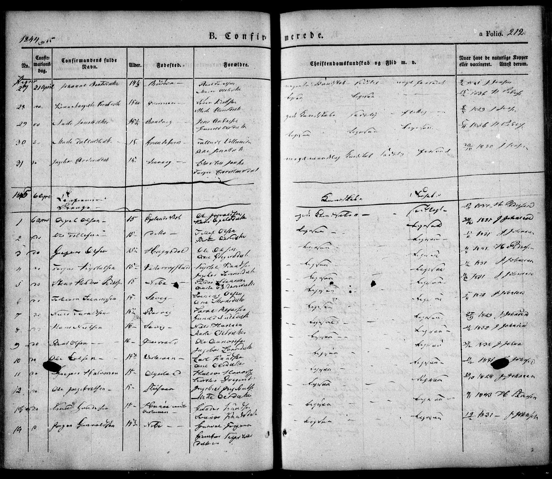 Søndeled sokneprestkontor, SAK/1111-0038/F/Fa/L0002: Parish register (official) no. A 2, 1839-1860, p. 212