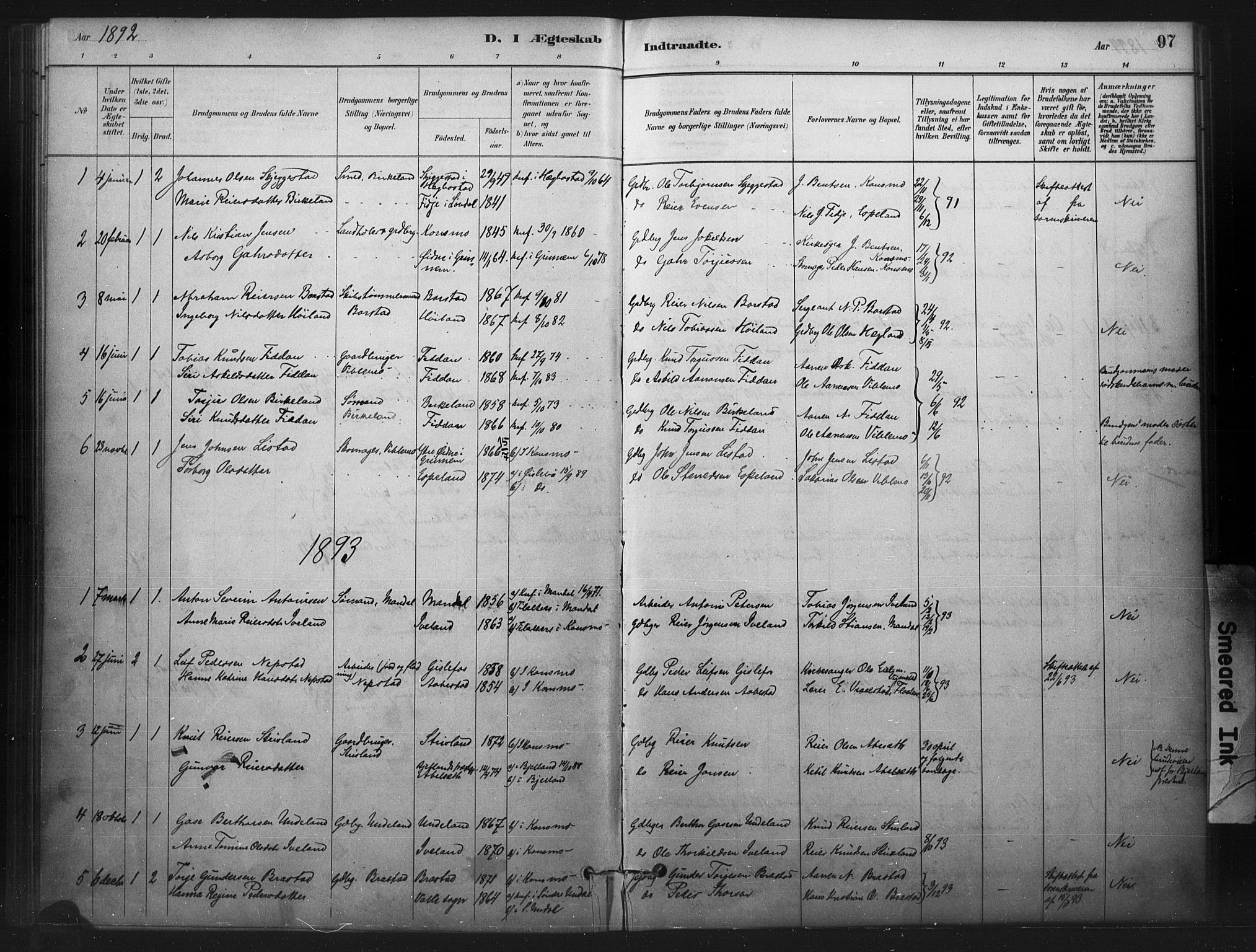 Nord-Audnedal sokneprestkontor, SAK/1111-0032/F/Fa/Faa/L0003: Parish register (official) no. A 3, 1882-1900, p. 97