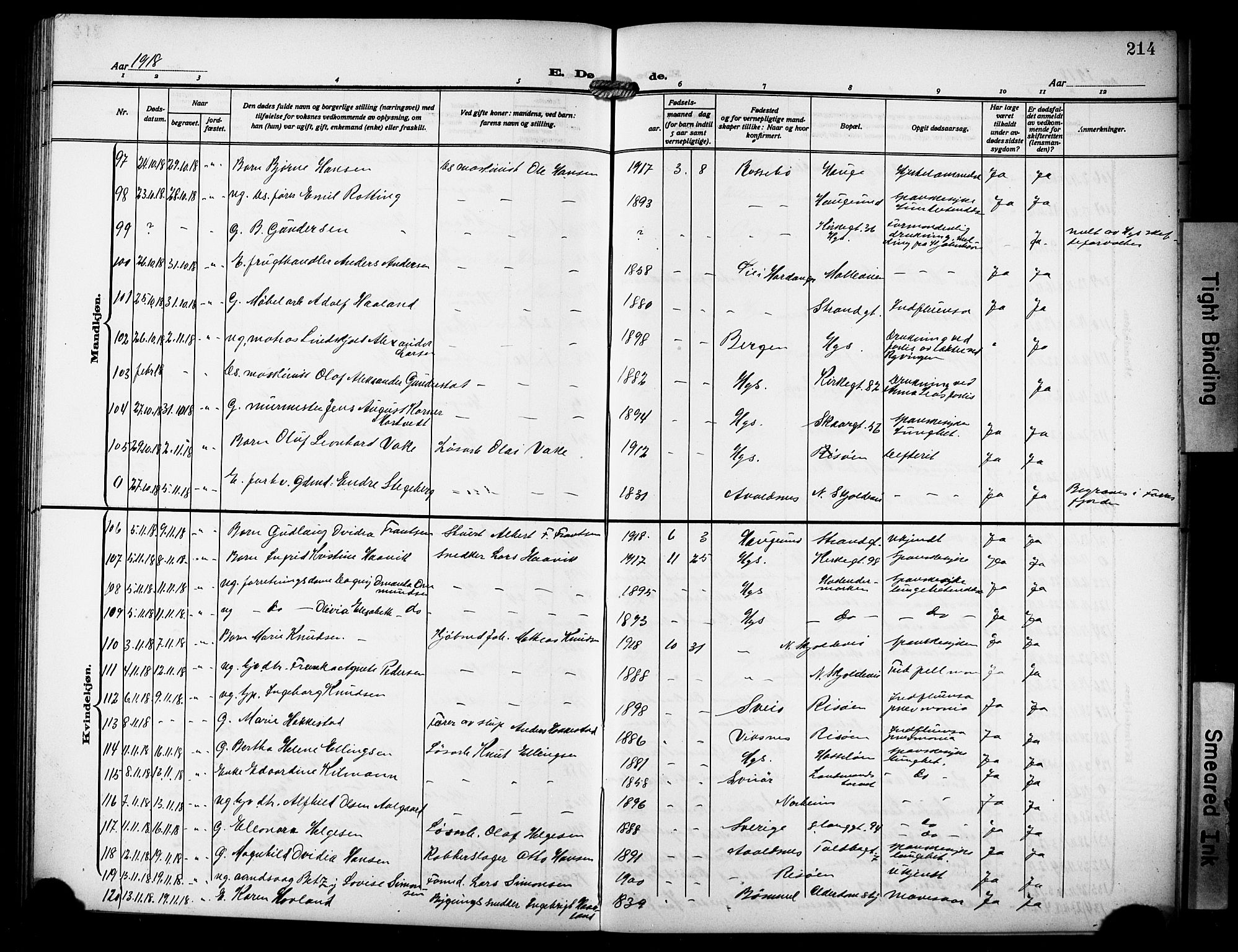 Haugesund sokneprestkontor, AV/SAST-A -101863/H/Ha/Hab/L0008: Parish register (copy) no. B 8, 1909-1921, p. 214