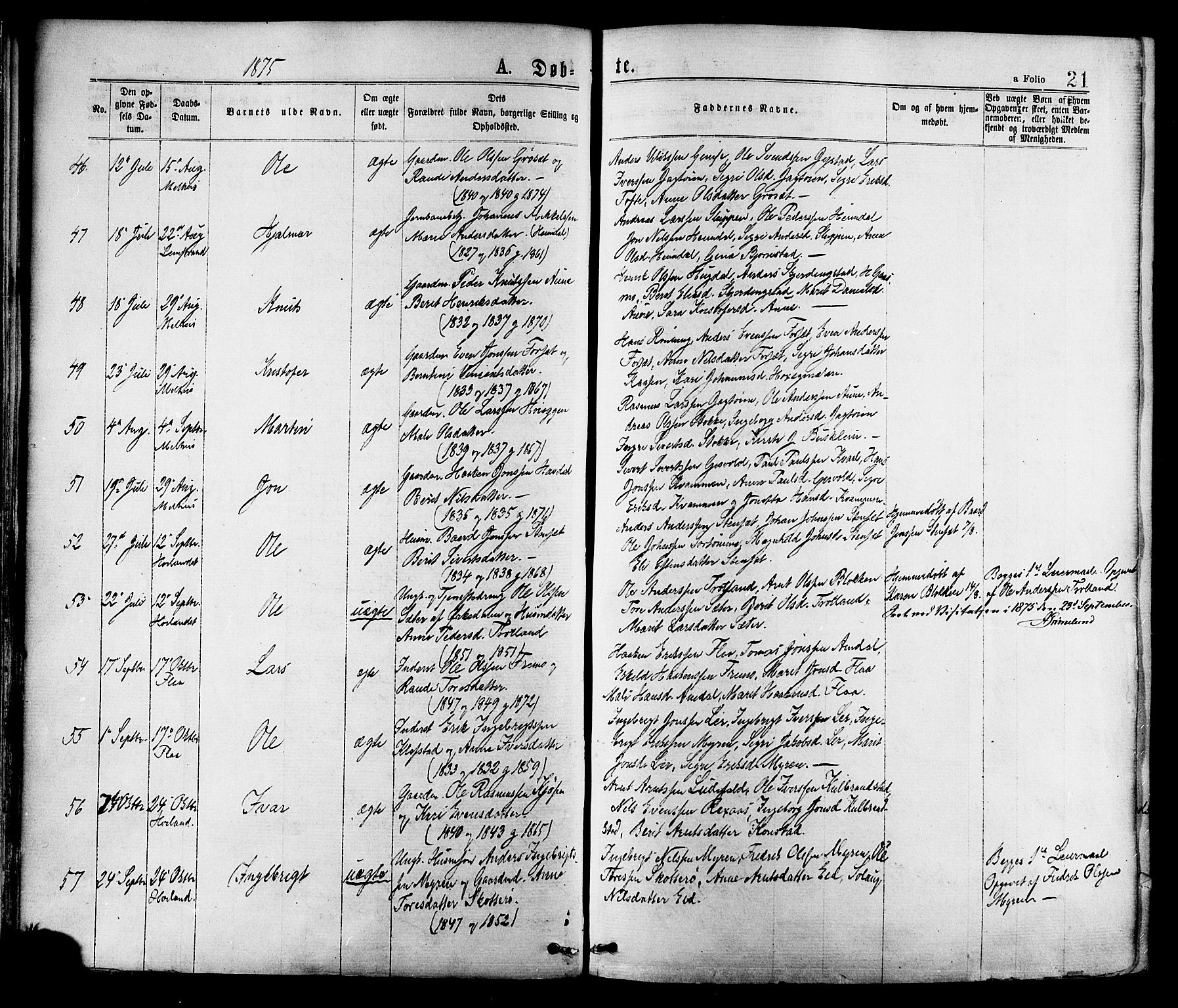 Ministerialprotokoller, klokkerbøker og fødselsregistre - Sør-Trøndelag, AV/SAT-A-1456/691/L1079: Parish register (official) no. 691A11, 1873-1886, p. 21