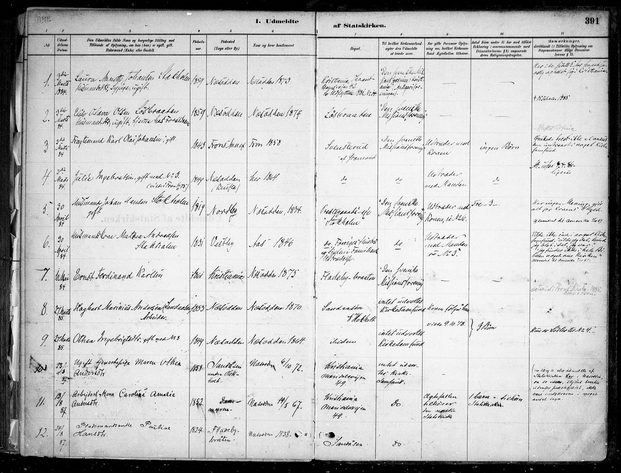 Nesodden prestekontor Kirkebøker, AV/SAO-A-10013/F/Fa/L0009: Parish register (official) no. I 9, 1880-1915, p. 391