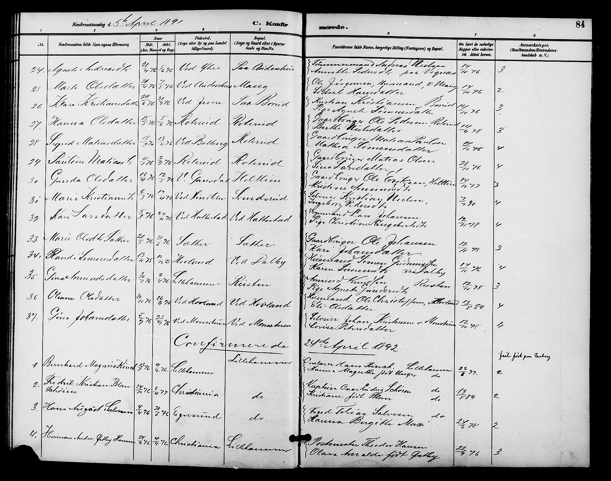 Fåberg prestekontor, AV/SAH-PREST-086/H/Ha/Hab/L0009: Parish register (copy) no. 9, 1891-1902, p. 84