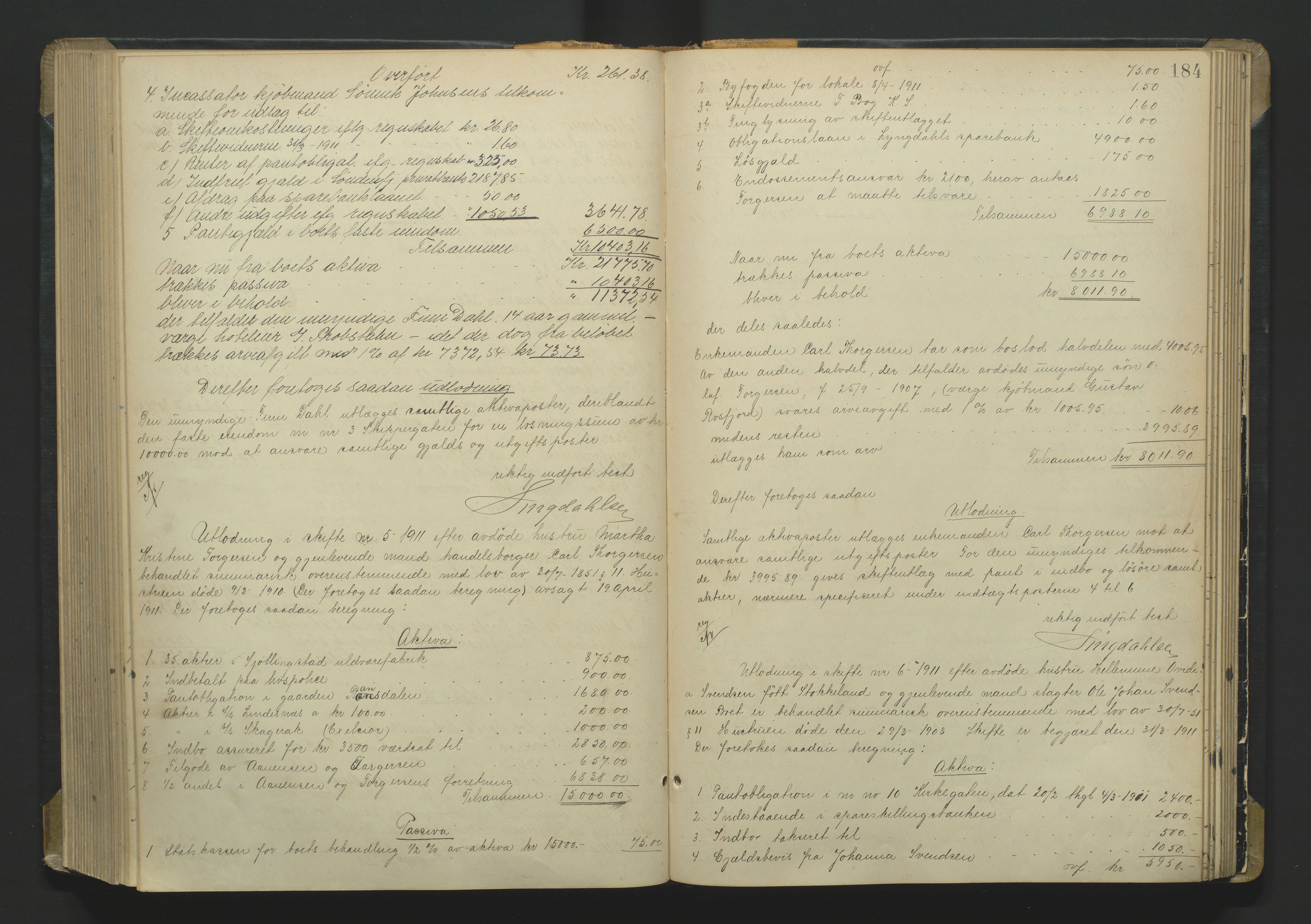 Kristiansand byrett, AV/SAK-1223-0001/H/Hc/L0060: Skifteutlodningsprotokoll nr. 6, med register, 1903-1916, p. 184