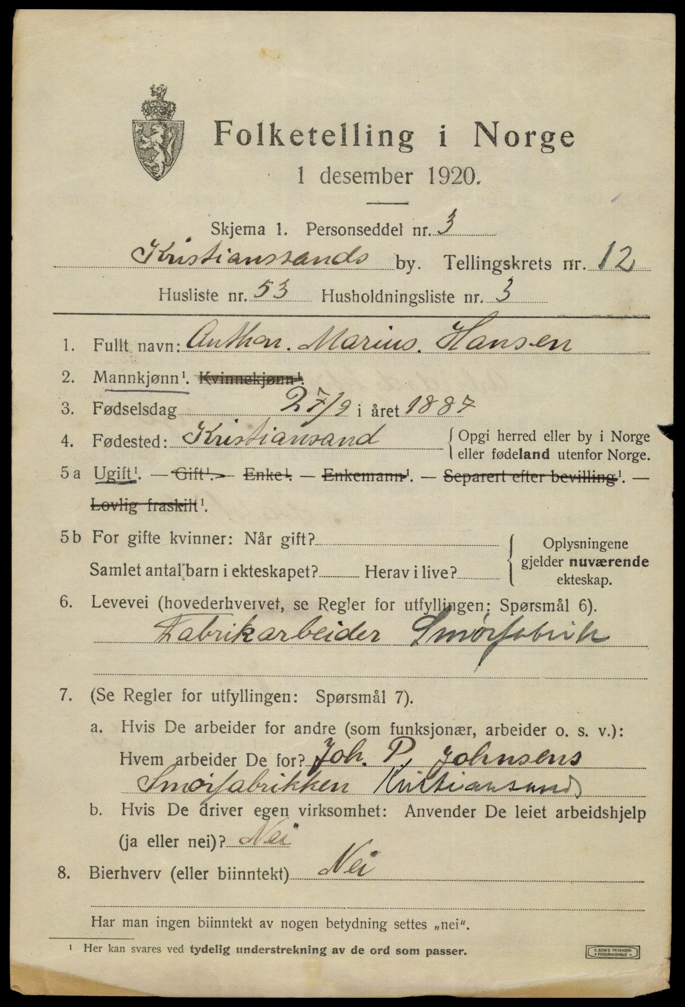 SAK, 1920 census for Kristiansand, 1920, p. 27025