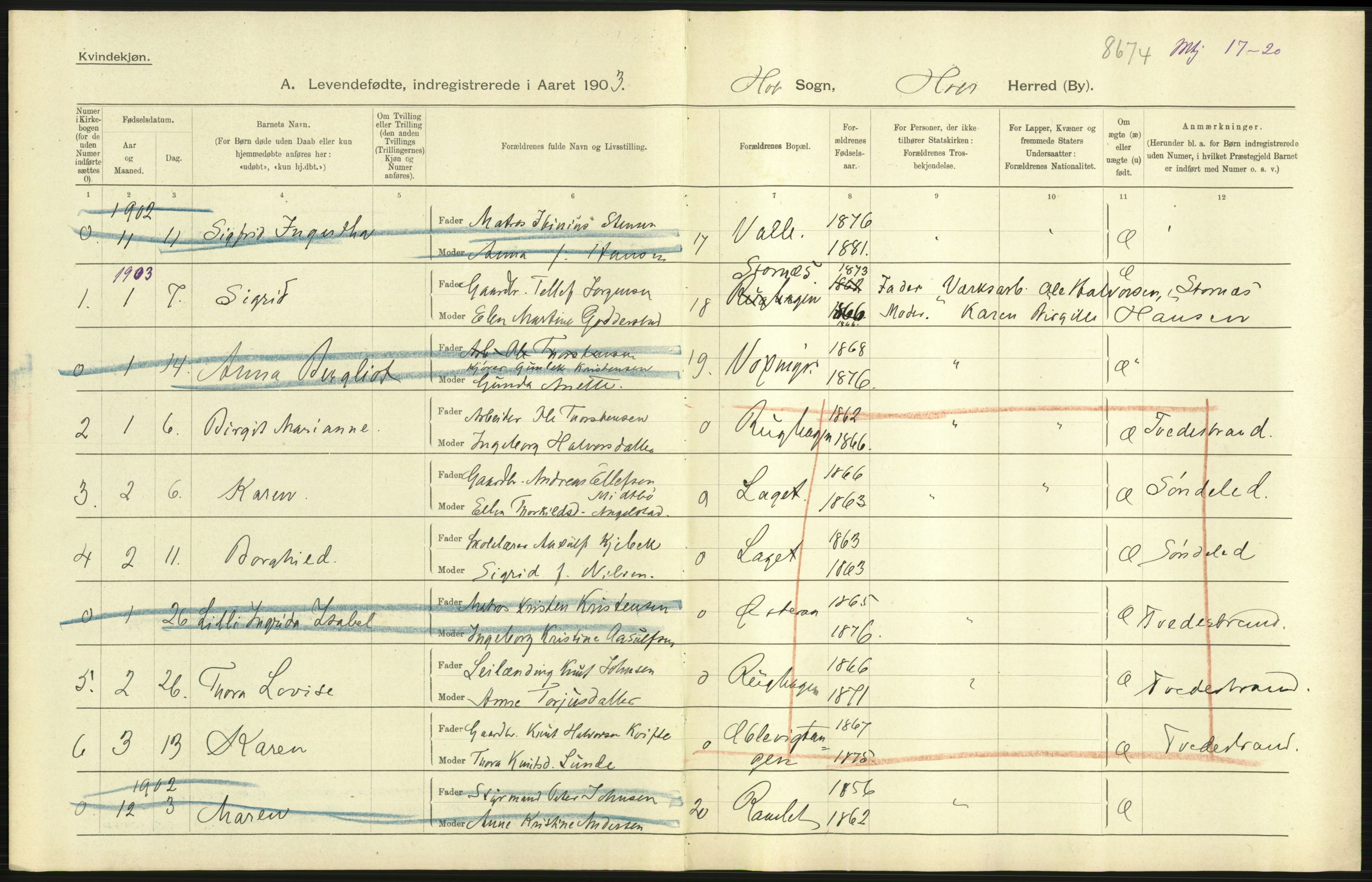 Statistisk sentralbyrå, Sosiodemografiske emner, Befolkning, AV/RA-S-2228/D/Df/Dfa/Dfaa/L0010: Nedenes amt: Fødte, gifte, døde, 1903, p. 67