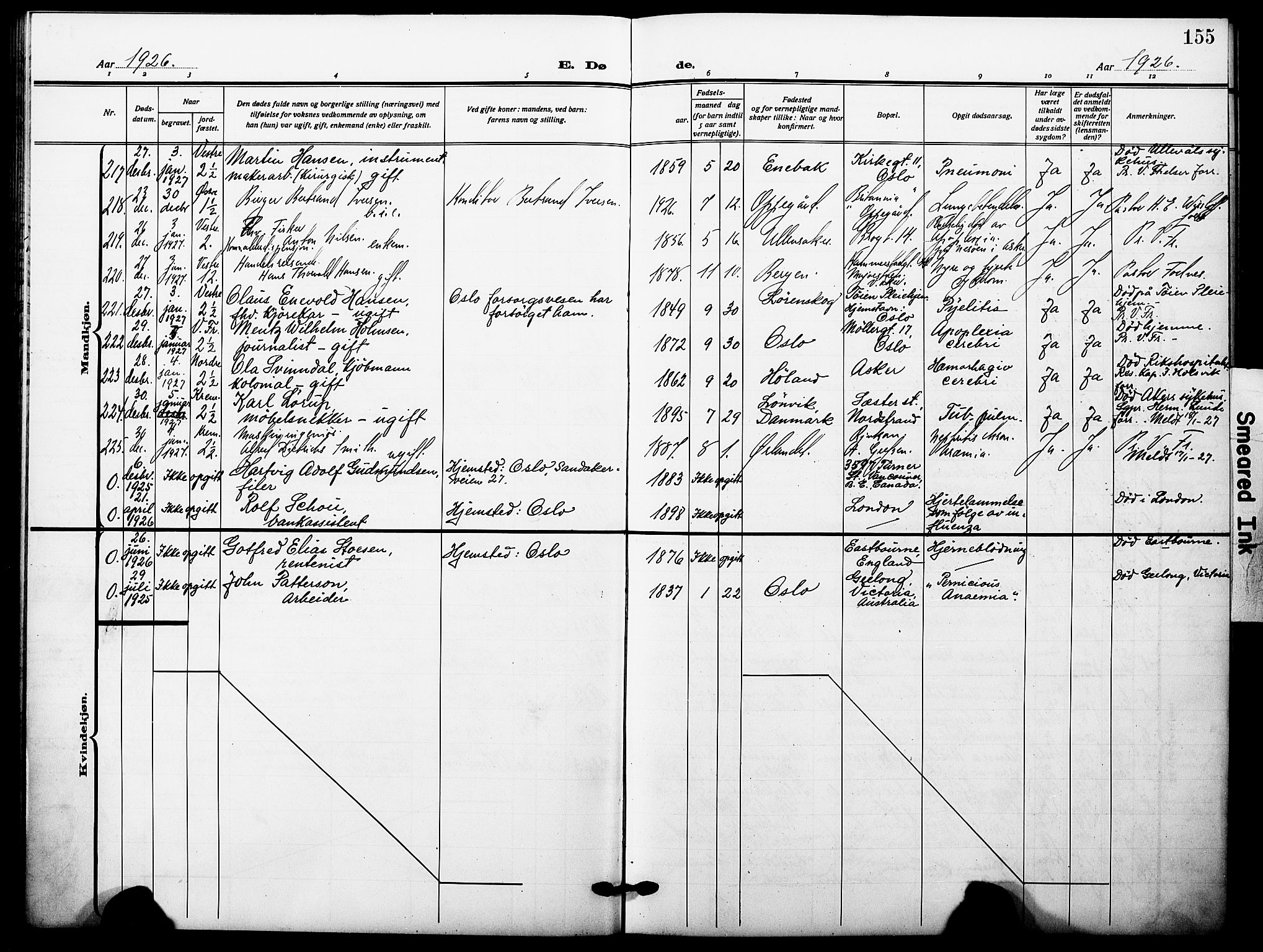 Oslo domkirke Kirkebøker, SAO/A-10752/F/Fa/L0037: Parish register (official) no. 37, 1919-1930, p. 155