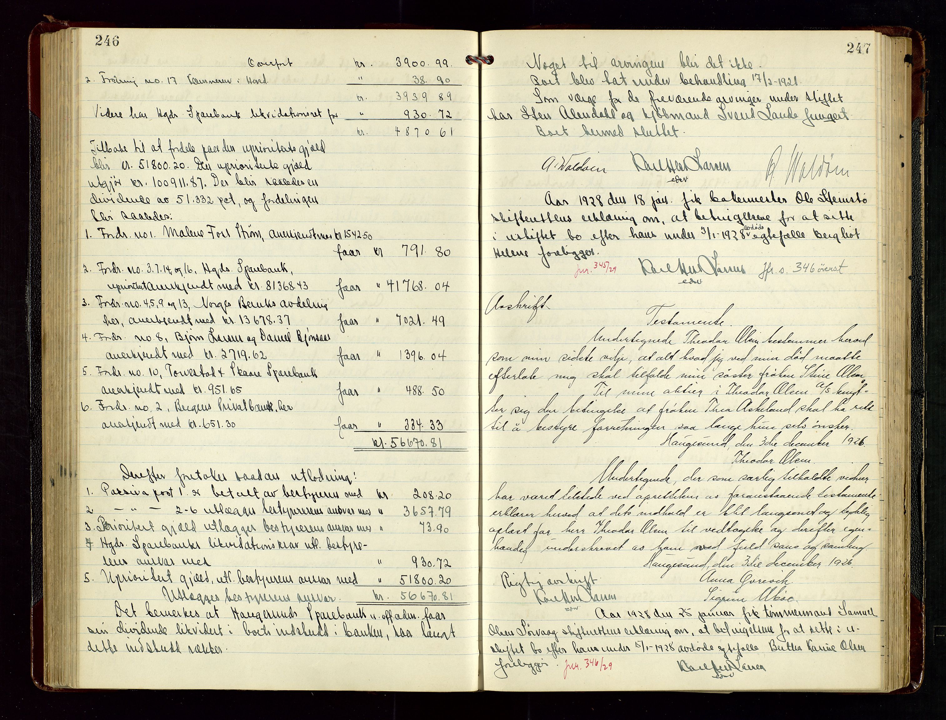 Haugesund tingrett, AV/SAST-A-101415/01/IV/IVD/L0004: Skifteutlodningsprotokoll, med register, 1924-1931, p. 246-247