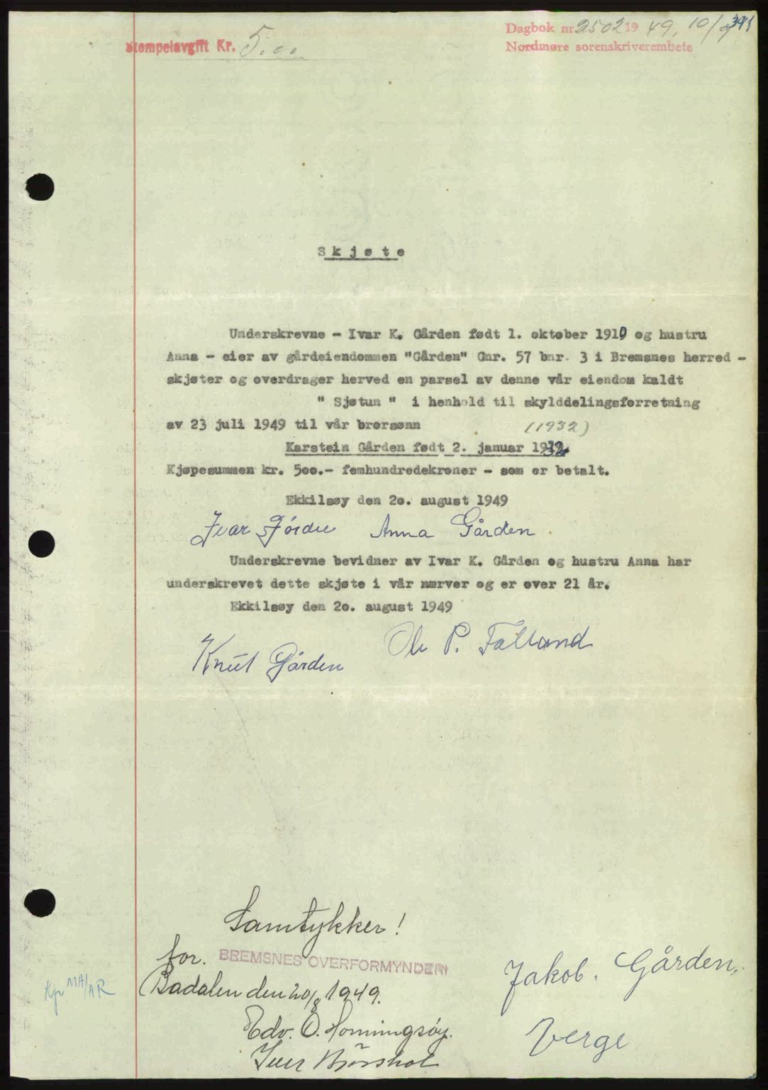 Nordmøre sorenskriveri, AV/SAT-A-4132/1/2/2Ca: Mortgage book no. A112, 1949-1949, Diary no: : 2502/1949