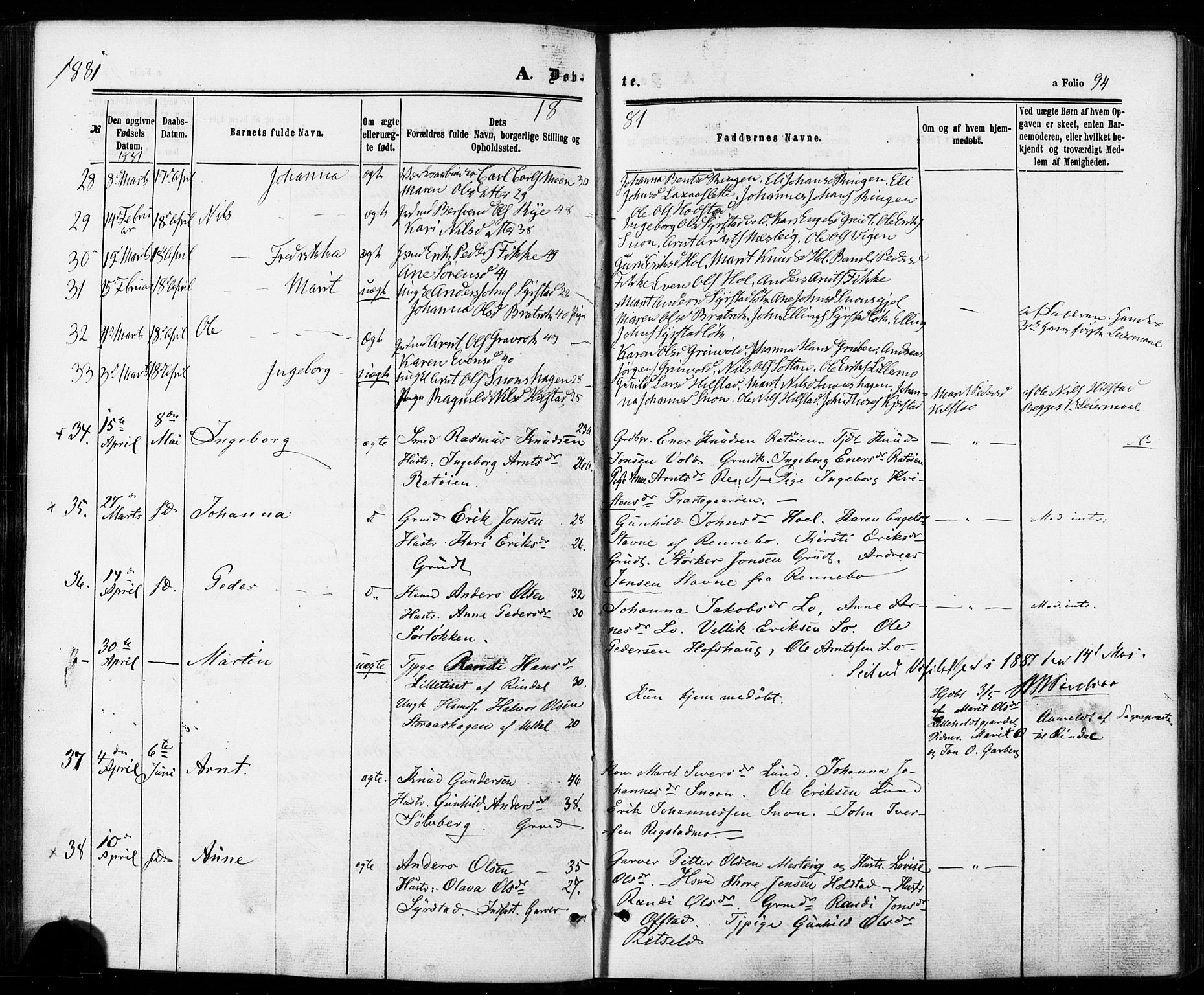 Ministerialprotokoller, klokkerbøker og fødselsregistre - Sør-Trøndelag, AV/SAT-A-1456/672/L0856: Parish register (official) no. 672A08, 1861-1881, p. 94