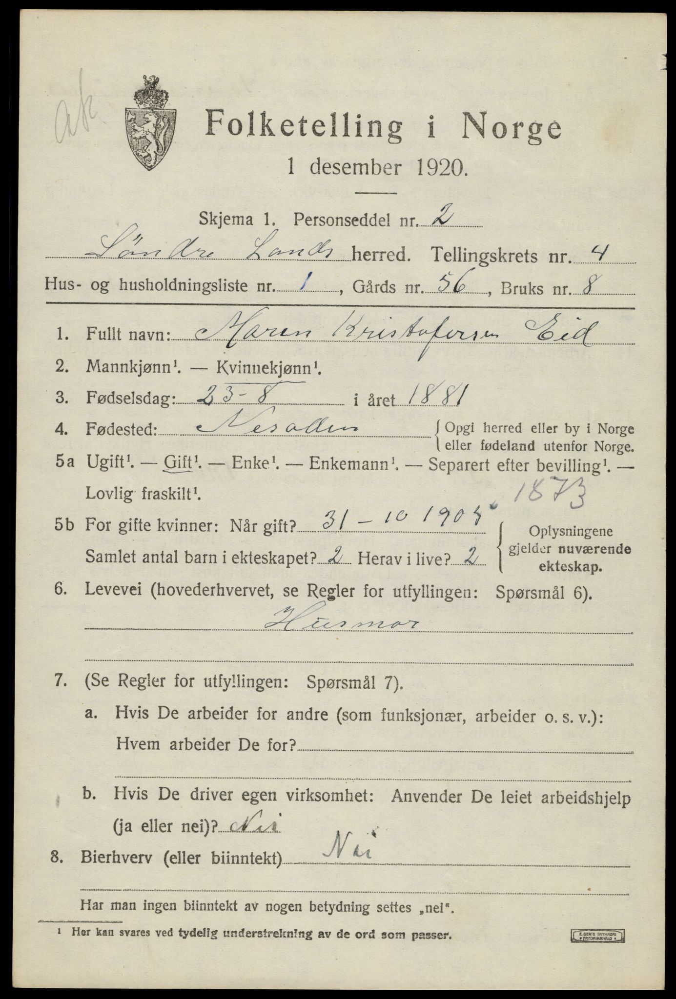 SAH, 1920 census for Søndre Land, 1920, p. 4677