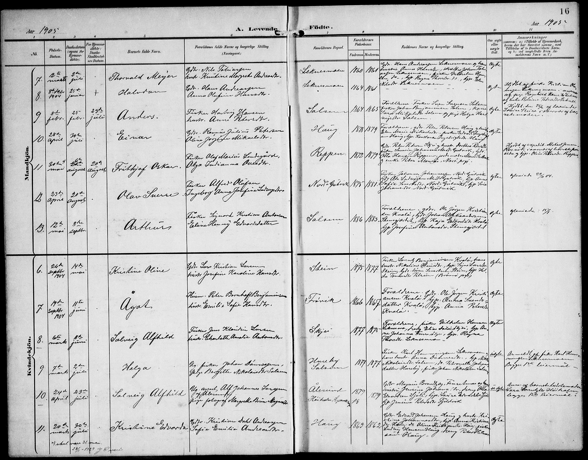 Ministerialprotokoller, klokkerbøker og fødselsregistre - Nord-Trøndelag, SAT/A-1458/788/L0698: Parish register (official) no. 788A05, 1902-1921, p. 16