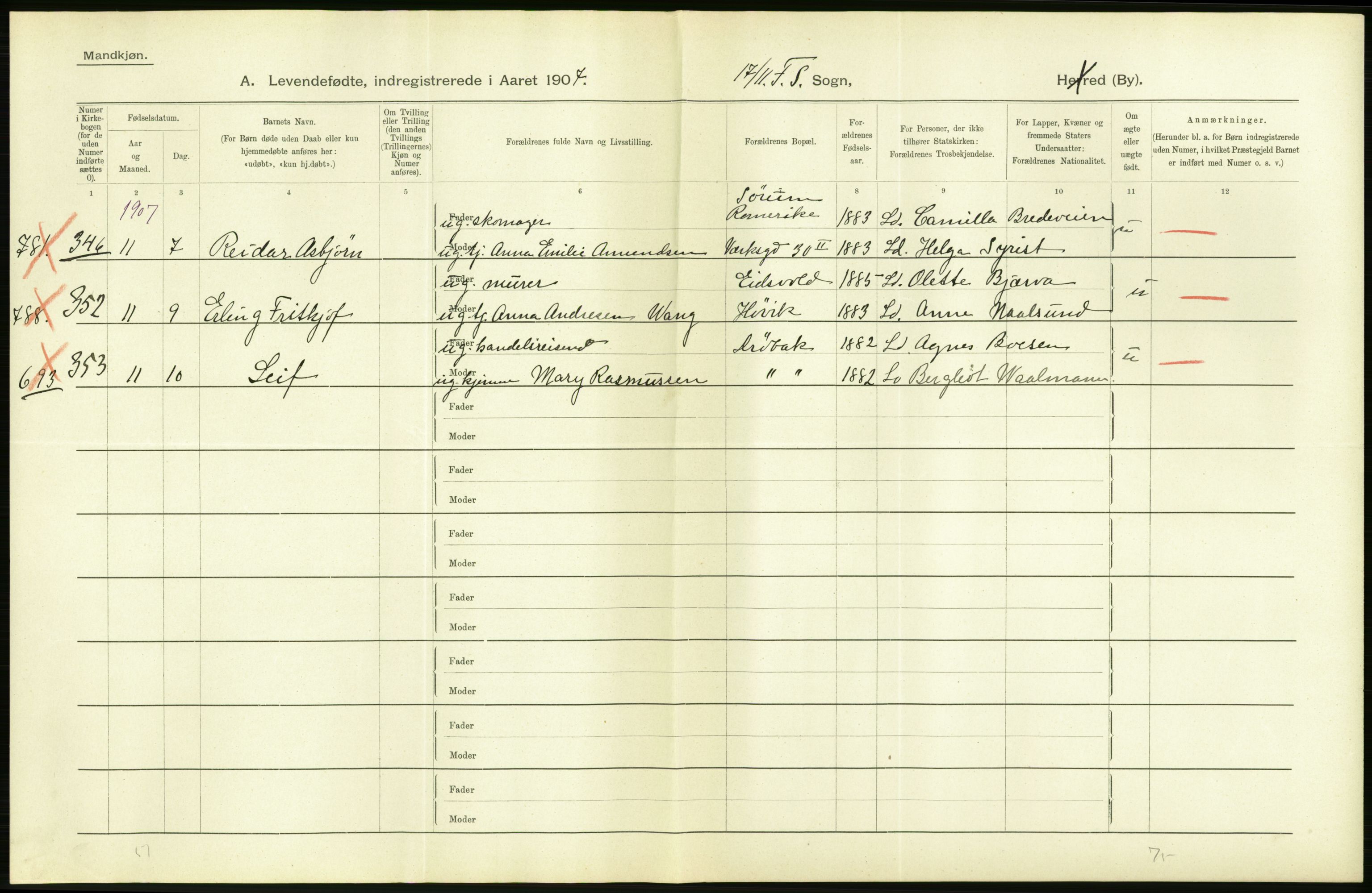 Statistisk sentralbyrå, Sosiodemografiske emner, Befolkning, AV/RA-S-2228/D/Df/Dfa/Dfae/L0007: Kristiania: Levendefødte menn og kvinner., 1907, p. 20