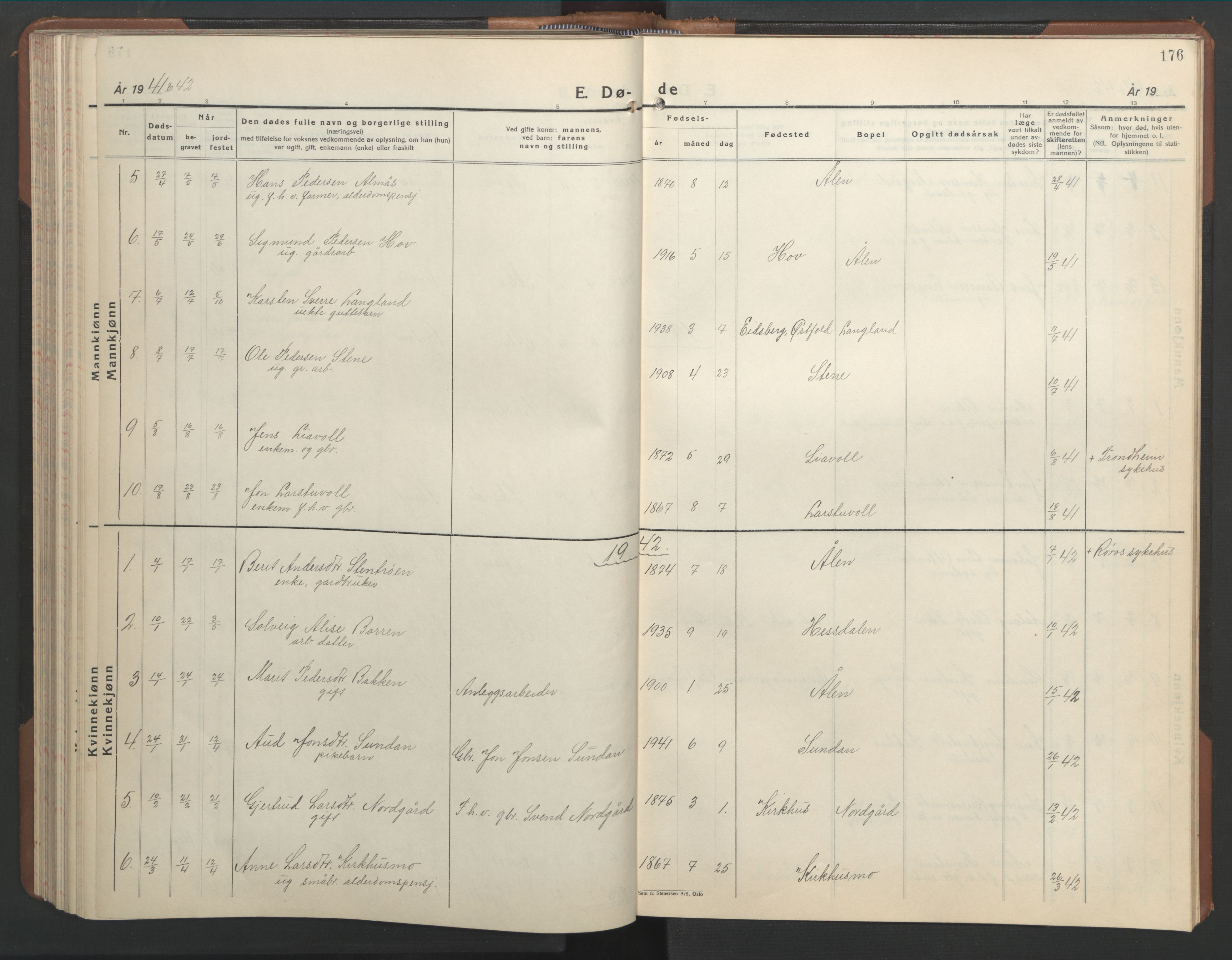 Ministerialprotokoller, klokkerbøker og fødselsregistre - Sør-Trøndelag, SAT/A-1456/686/L0986: Parish register (copy) no. 686C02, 1933-1950, p. 176