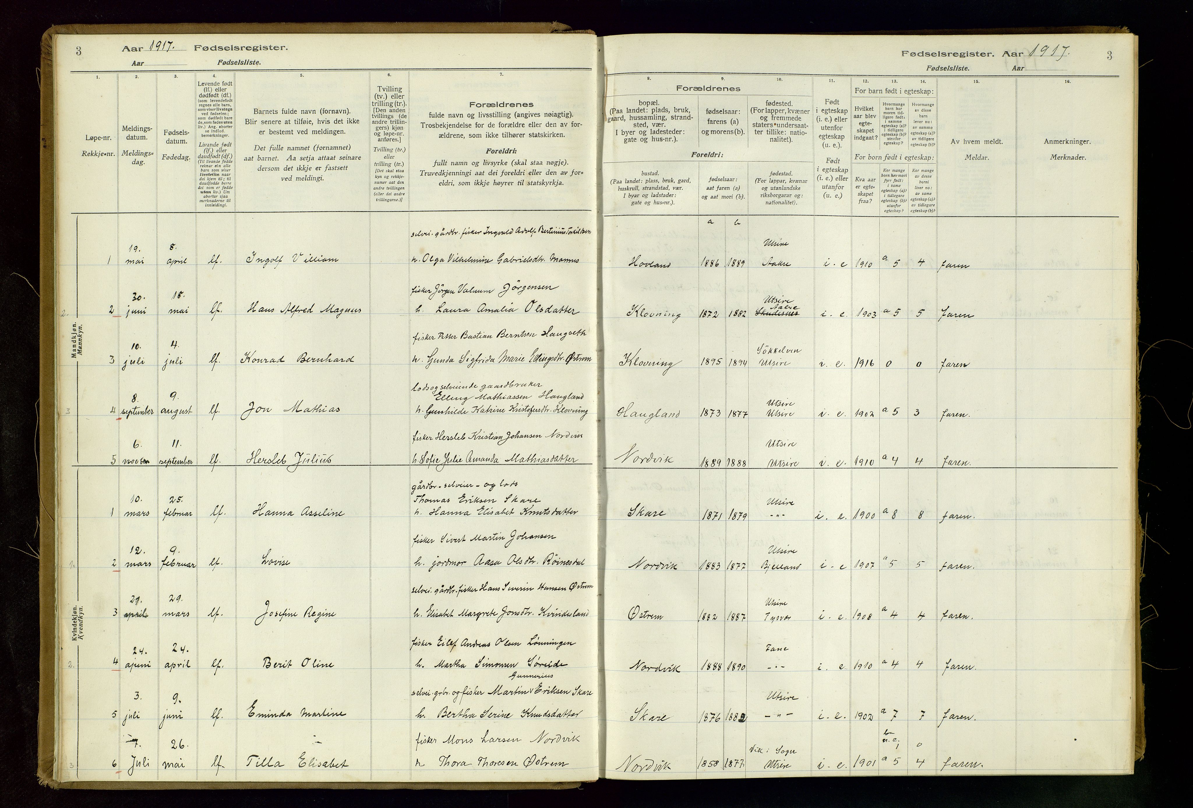 Torvastad sokneprestkontor, AV/SAST-A -101857/I/Id/L0001: Birth register no. 1, 1916-1982, p. 3