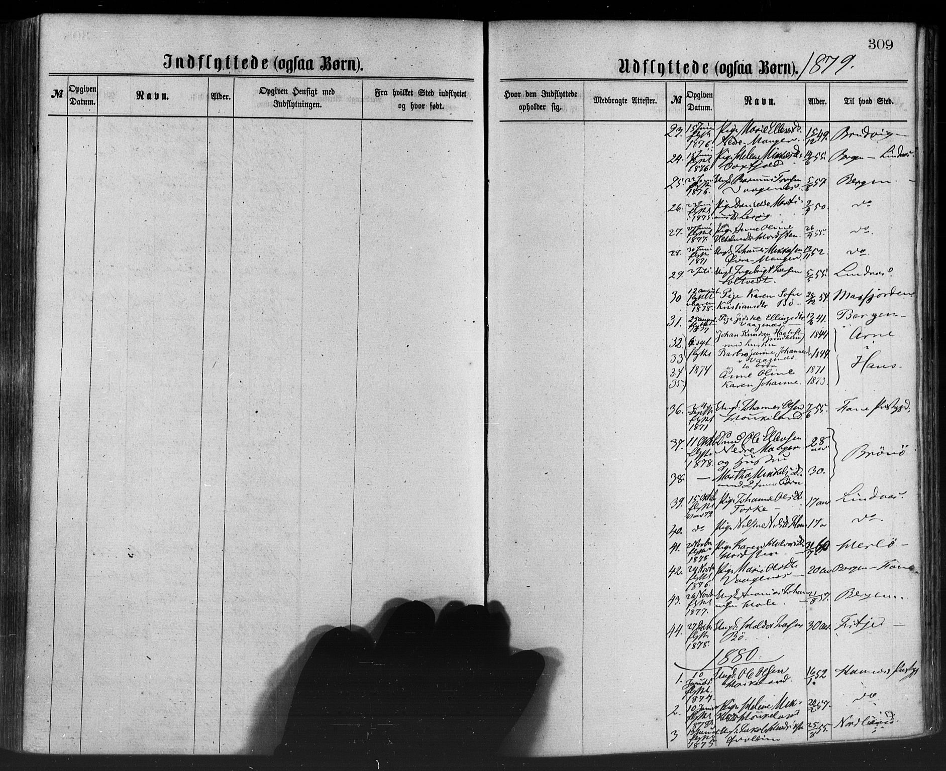 Manger sokneprestembete, SAB/A-76801/H/Haa: Parish register (official) no. A 8, 1871-1880, p. 309