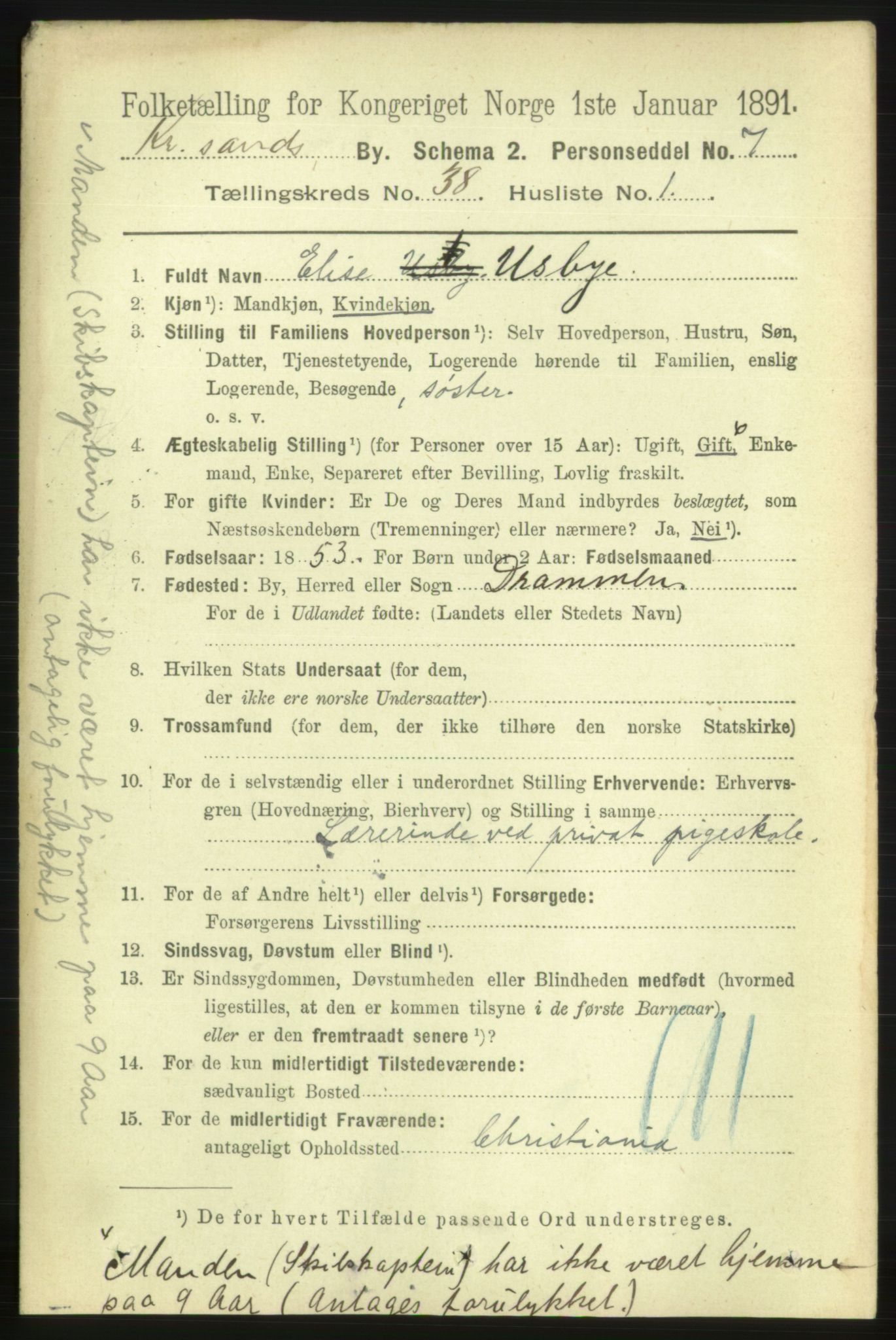 RA, 1891 census for 1001 Kristiansand, 1891, p. 12174