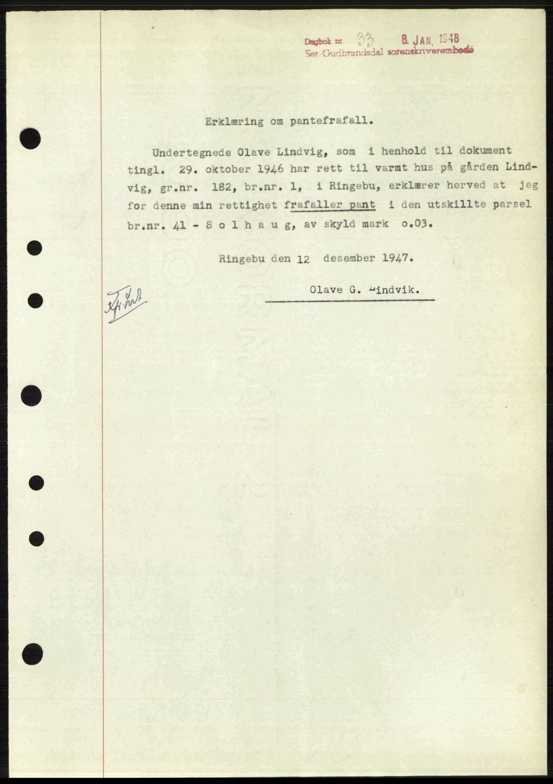Sør-Gudbrandsdal tingrett, SAH/TING-004/H/Hb/Hbf/L0004: Mortgage book no. C5b, 1945-1951, Diary no: : 33/1948