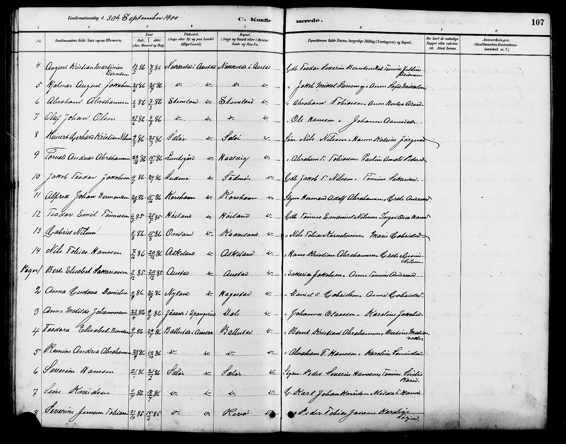 Lyngdal sokneprestkontor, AV/SAK-1111-0029/F/Fb/Fba/L0003: Parish register (copy) no. B 3, 1886-1903, p. 107