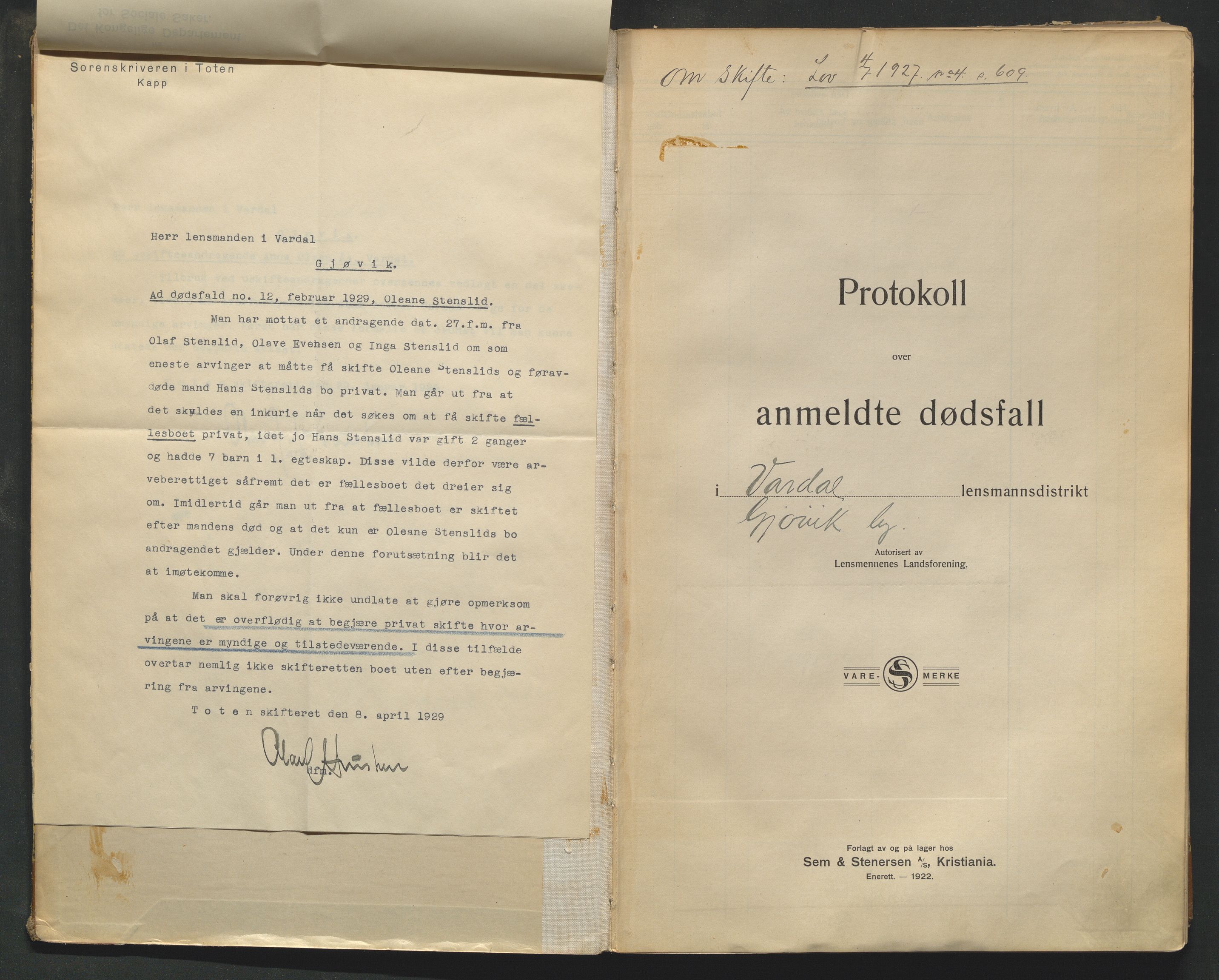 Vardal lensmannskontor, AV/SAH-LOV-005/H/Ha/Haa/L0003: Dødsfallsprotokoll, 1926-1933