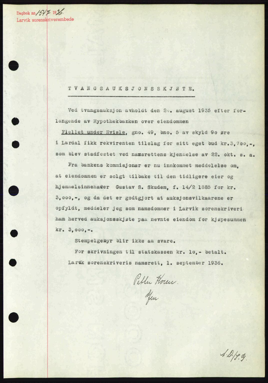 Larvik sorenskriveri, SAKO/A-83/G/Ga/Gab/L0067: Mortgage book no. A-1, 1936-1937, Diary no: : 1547/1936