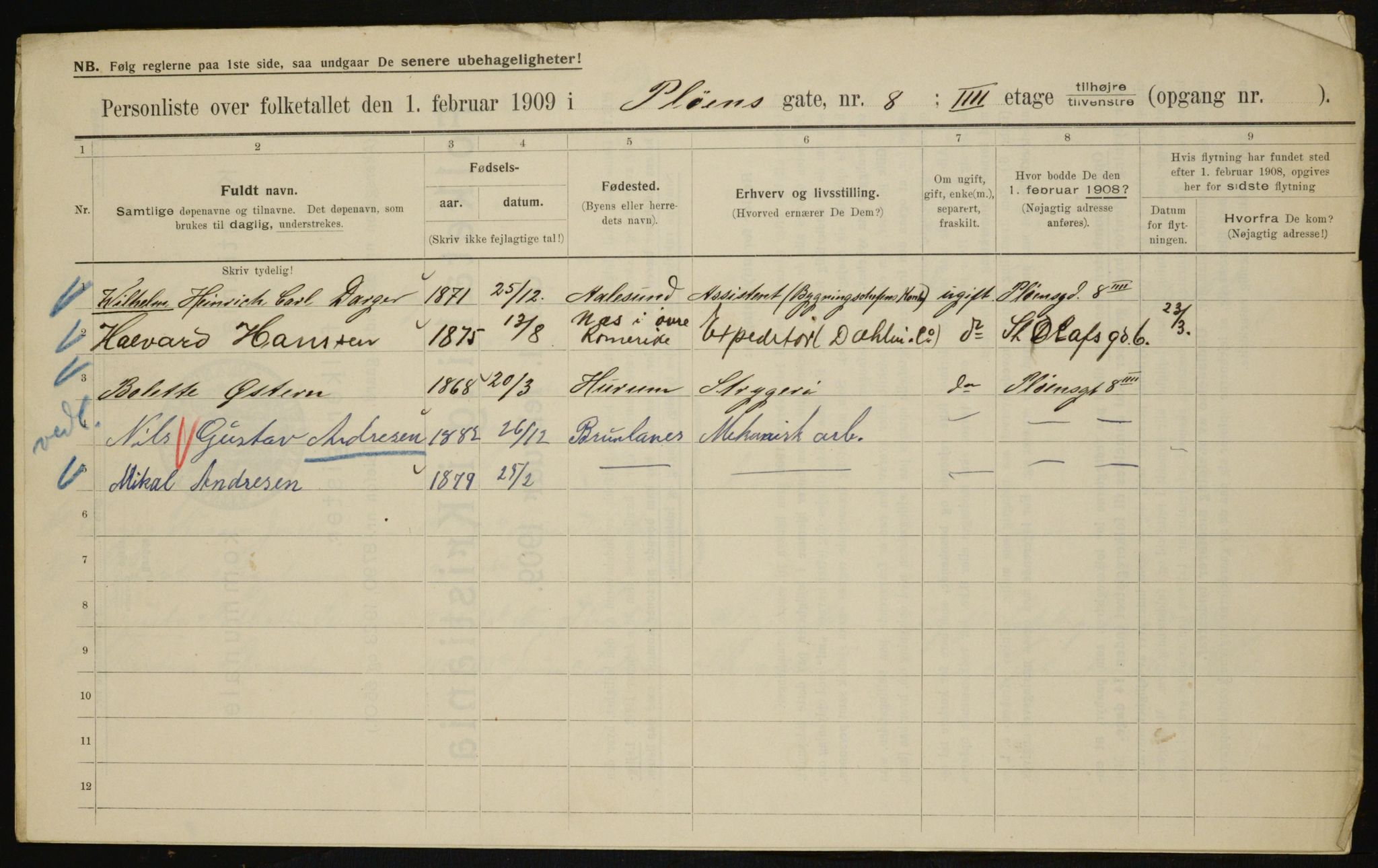 OBA, Municipal Census 1909 for Kristiania, 1909, p. 73270