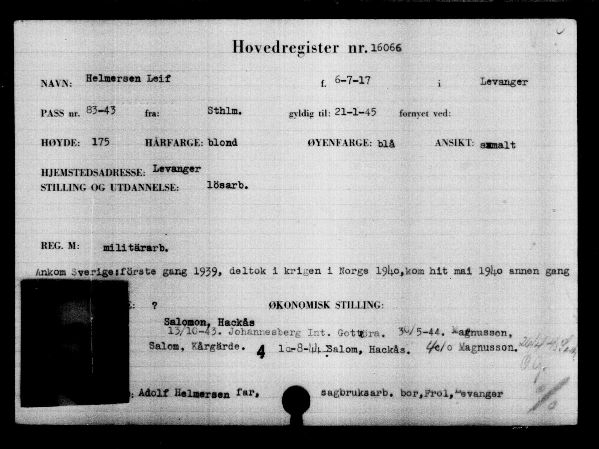 Den Kgl. Norske Legasjons Flyktningskontor, AV/RA-S-6753/V/Va/L0008: Kjesäterkartoteket.  Flyktningenr. 15700-18547, 1940-1945, p. 399