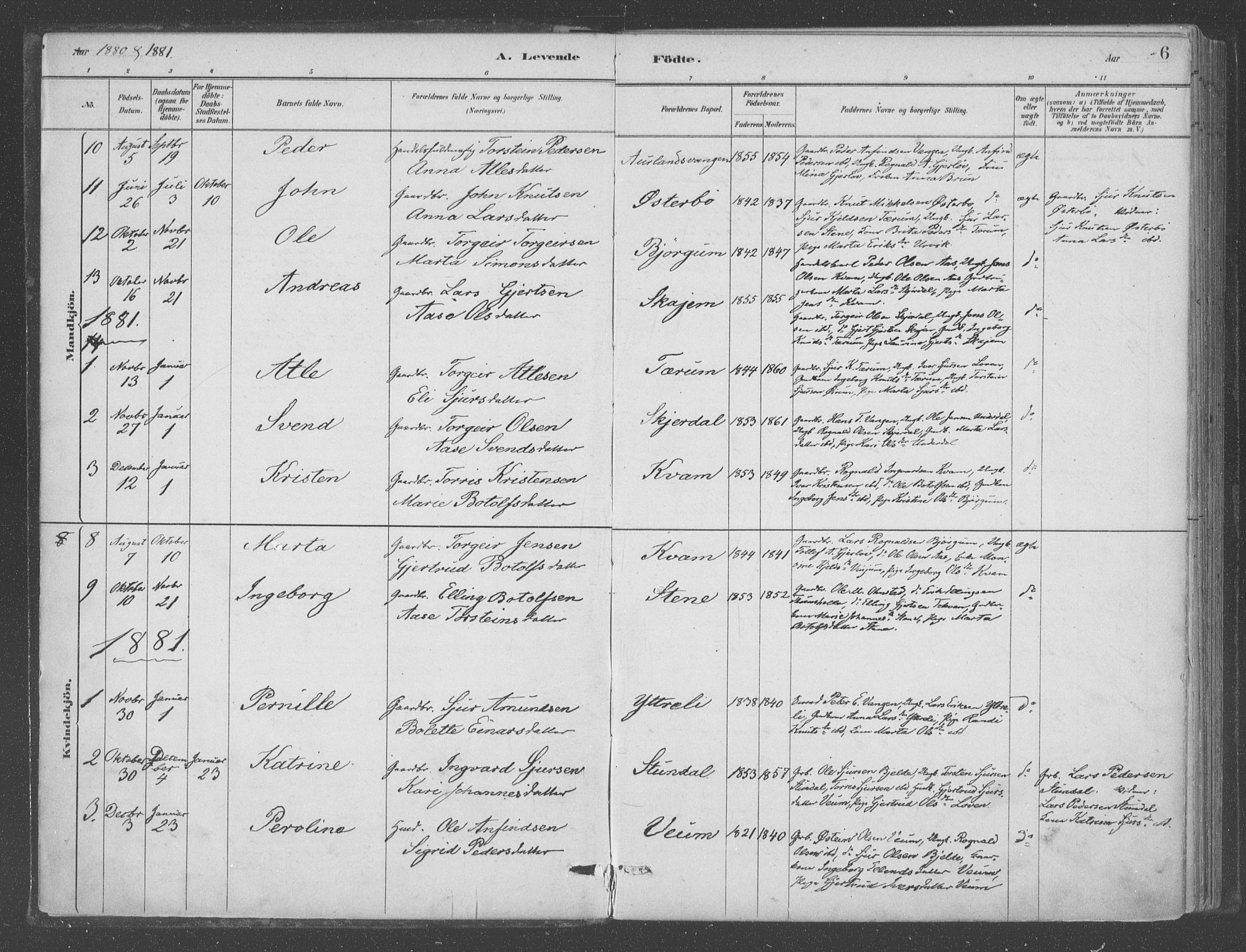 Aurland sokneprestembete, AV/SAB-A-99937/H/Ha/Hab/L0001: Parish register (official) no. B  1, 1880-1909, p. 6