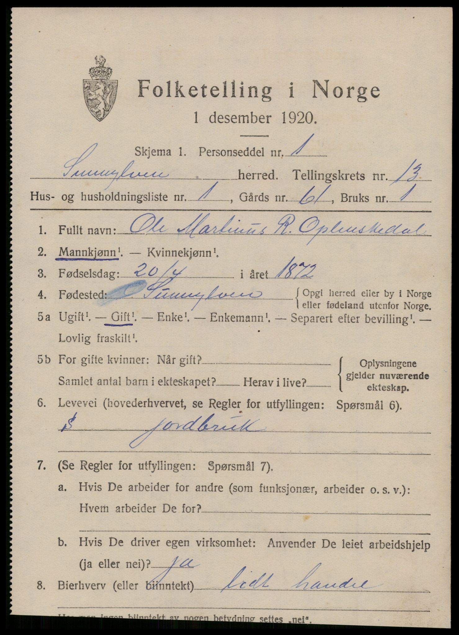 SAT, 1920 census for Sunnylven, 1920, p. 3650