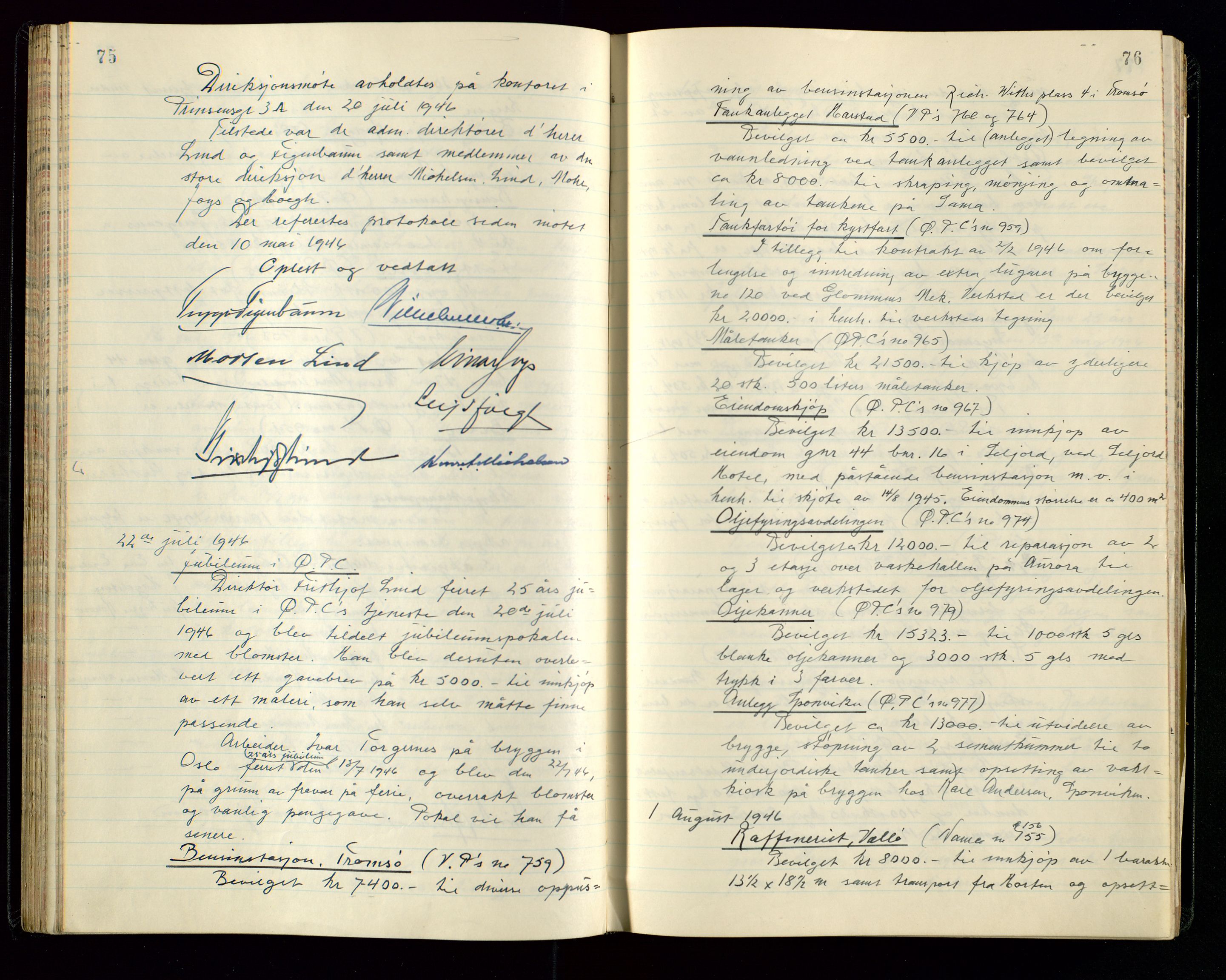 PA 1534 - Østlandske Petroleumscompagni A/S, AV/SAST-A-101954/A/Aa/L0005/0001: Direksjonsprotokoller / Den Administrerende Direksjon alle selskaper (referatprotokoll), 1943-1958, p. 75-76