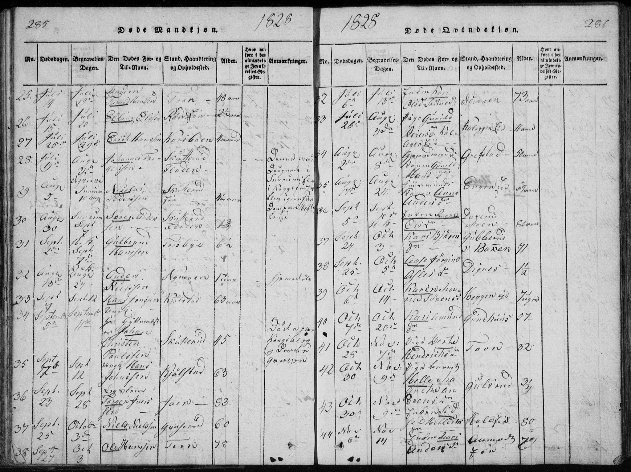 Modum kirkebøker, AV/SAKO-A-234/G/Ga/L0002: Parish register (copy) no. I 2, 1824-1832, p. 285-286