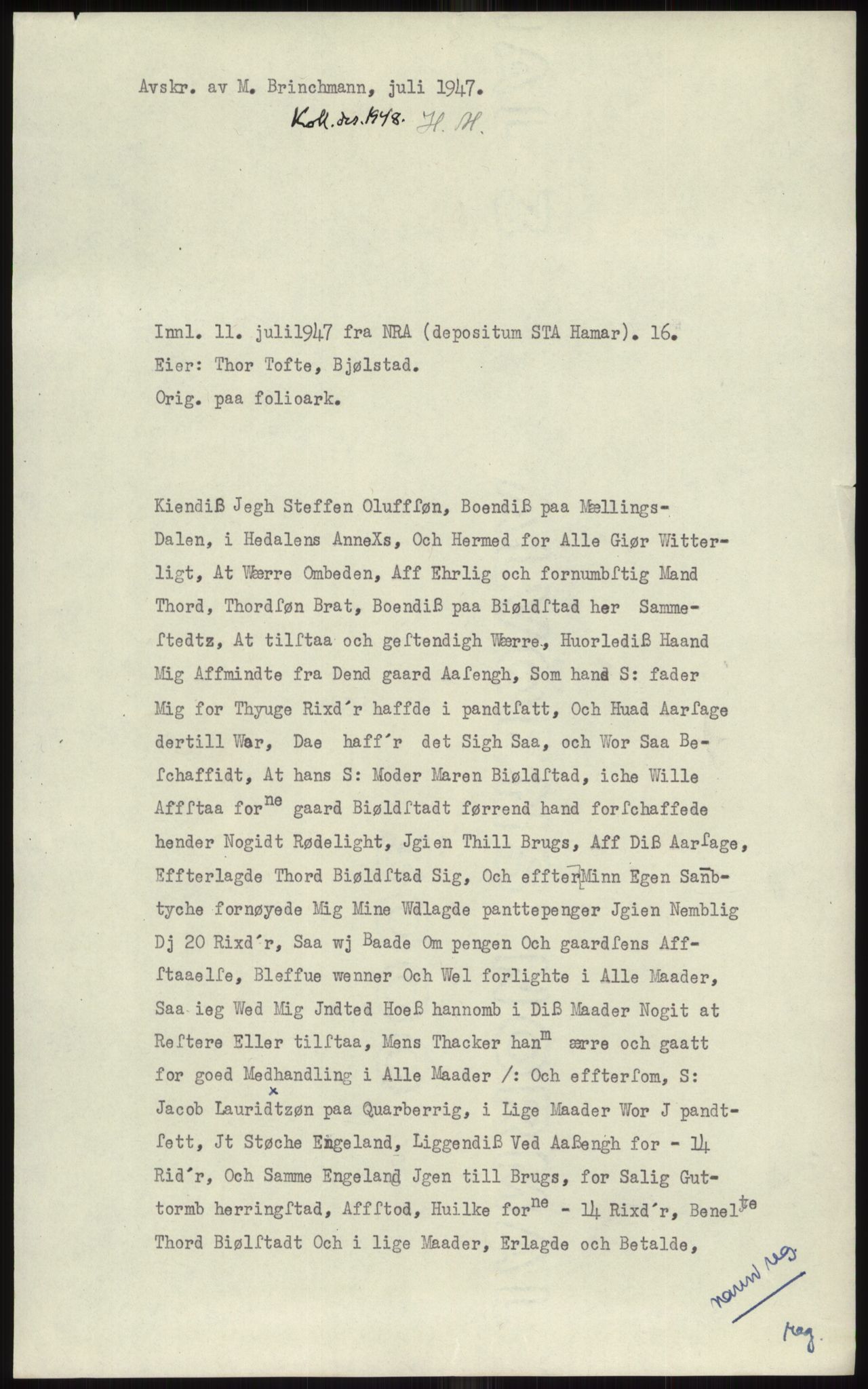 Samlinger til kildeutgivelse, Diplomavskriftsamlingen, AV/RA-EA-4053/H/Ha, p. 278