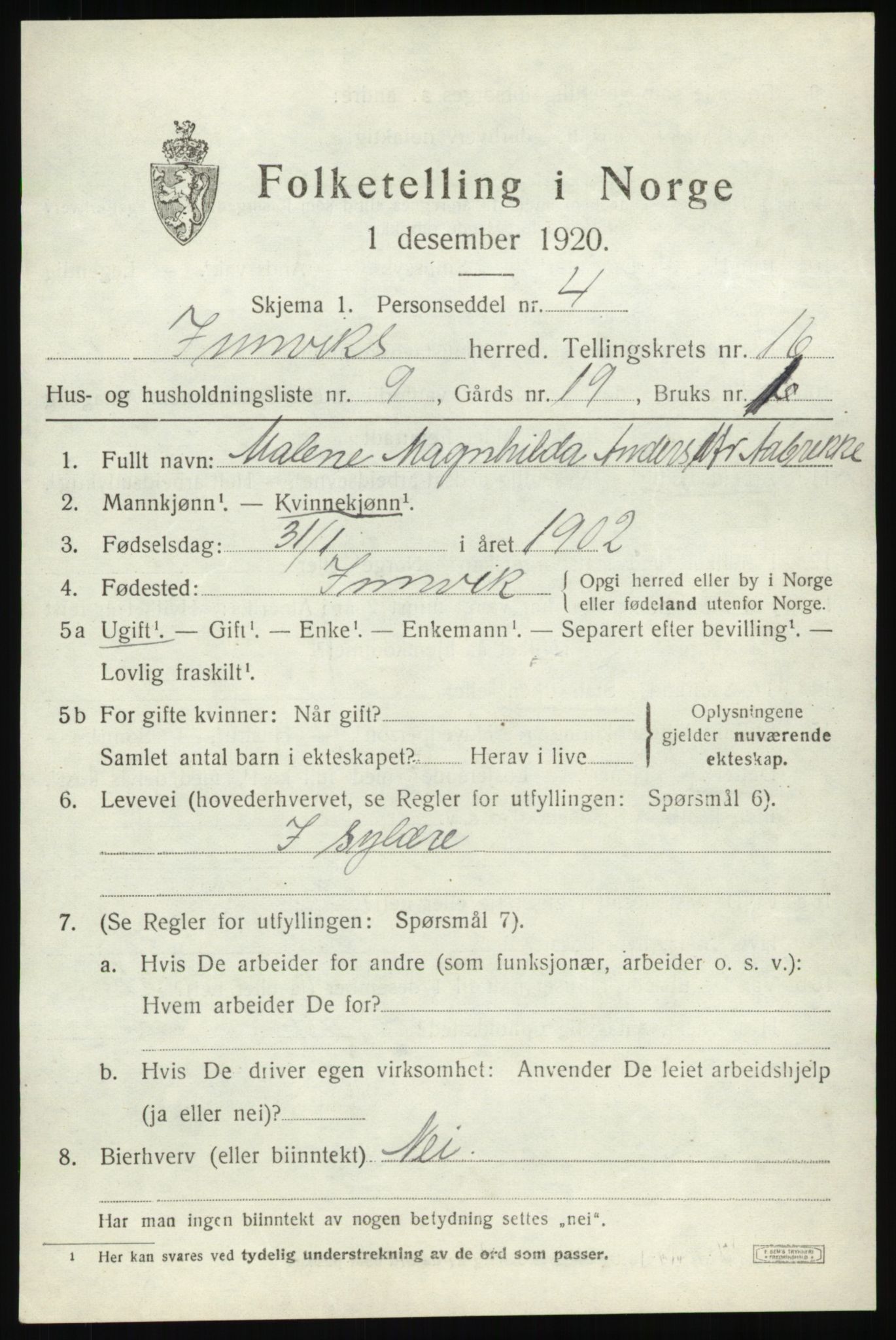 SAB, 1920 census for Innvik, 1920, p. 6547