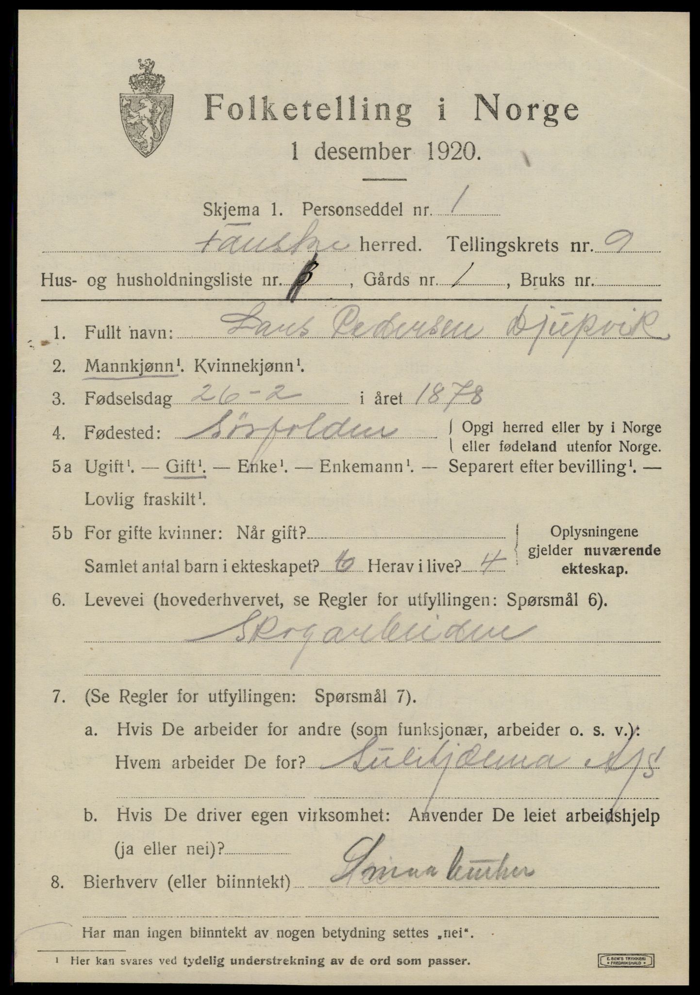 SAT, 1920 census for Fauske, 1920, p. 7016