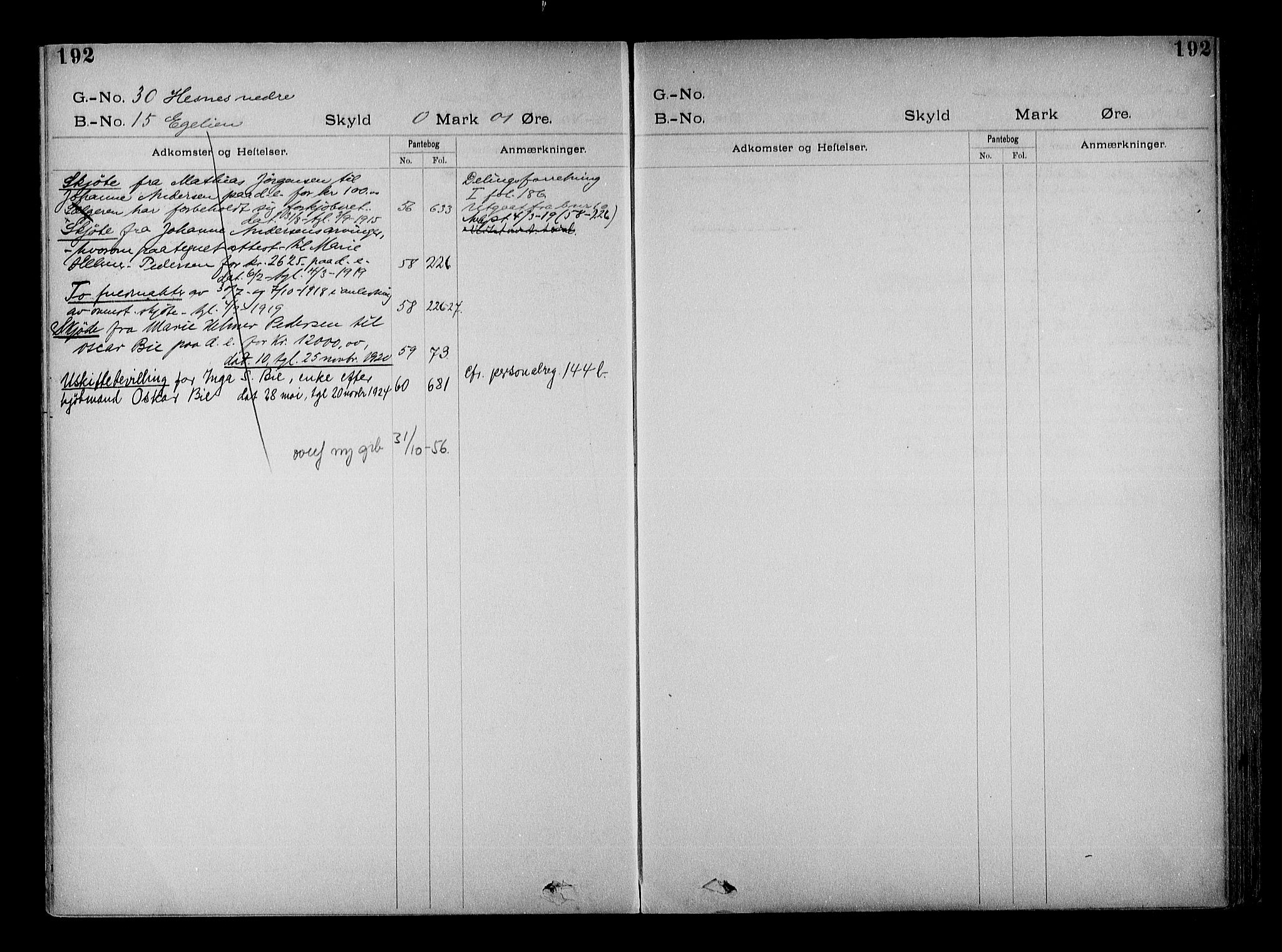 Vestre Nedenes/Sand sorenskriveri, SAK/1221-0010/G/Ga/L0022: Mortgage register no. 15, 1899-1957, p. 192