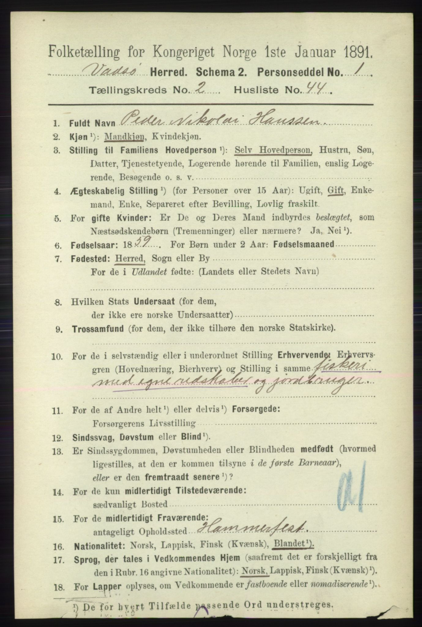 RA, 1891 census for 2029 Vadsø, 1891, p. 736