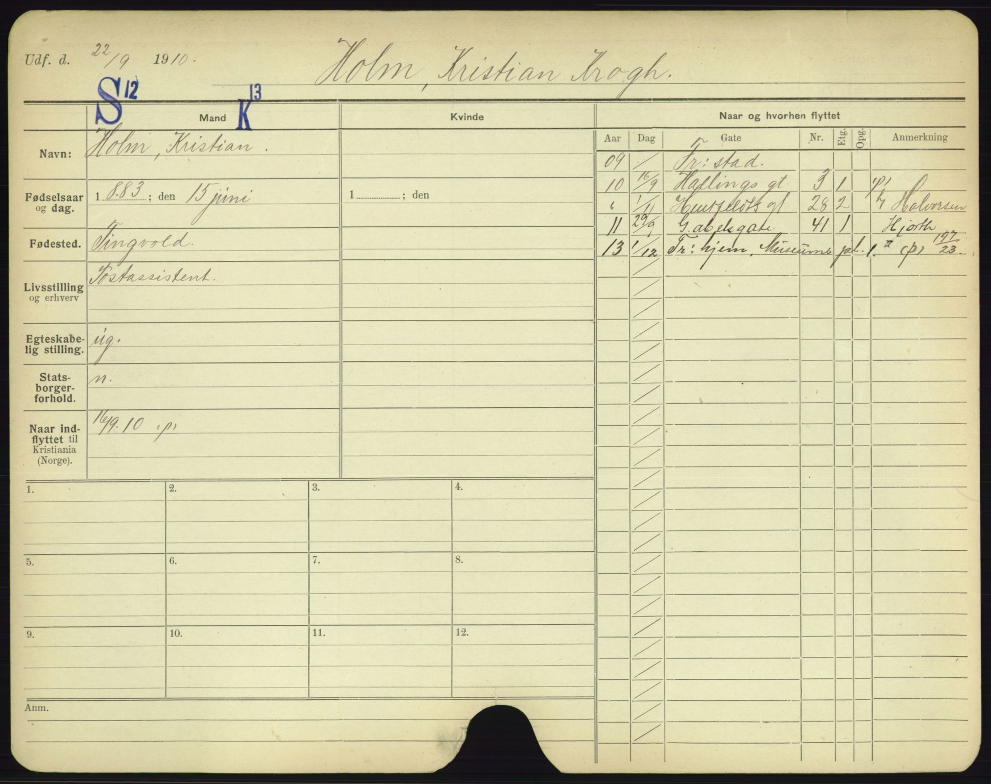 Oslo folkeregister, Registerkort, AV/SAO-A-11715/F/Fa/Fac/L0004: Menn, 1906-1914, p. 877a