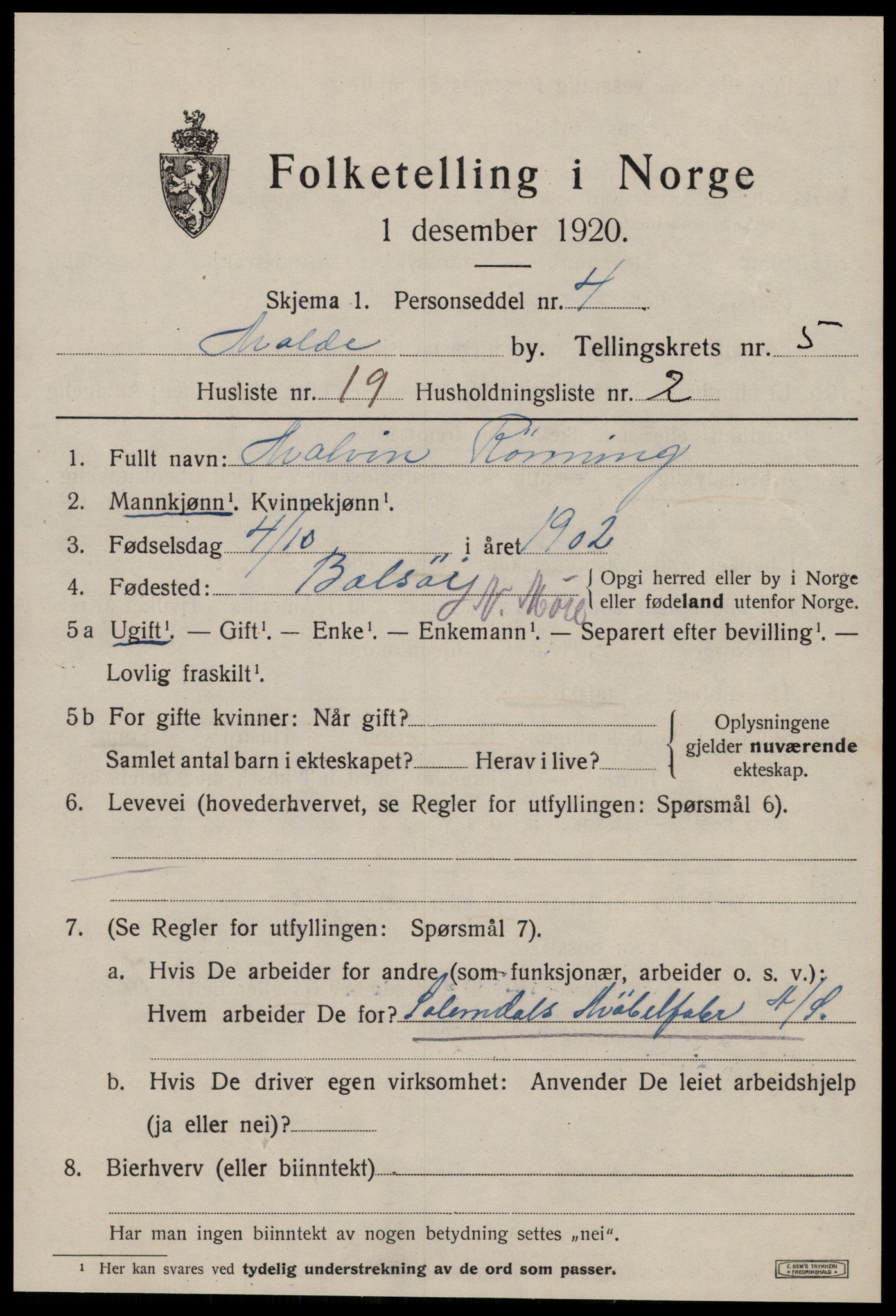 SAT, 1920 census for Molde, 1920, p. 7017