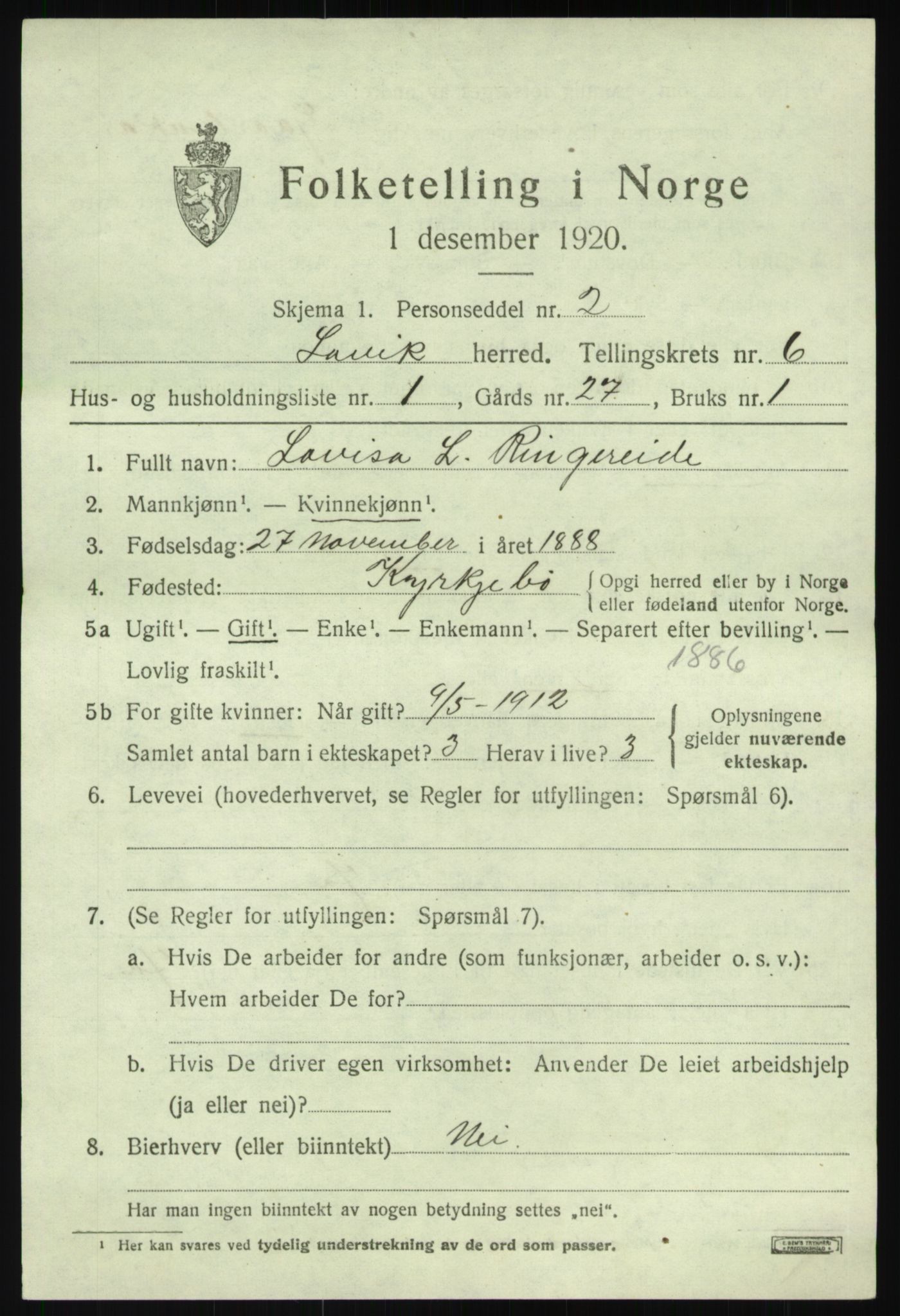 SAB, 1920 census for Lavik, 1920, p. 1332
