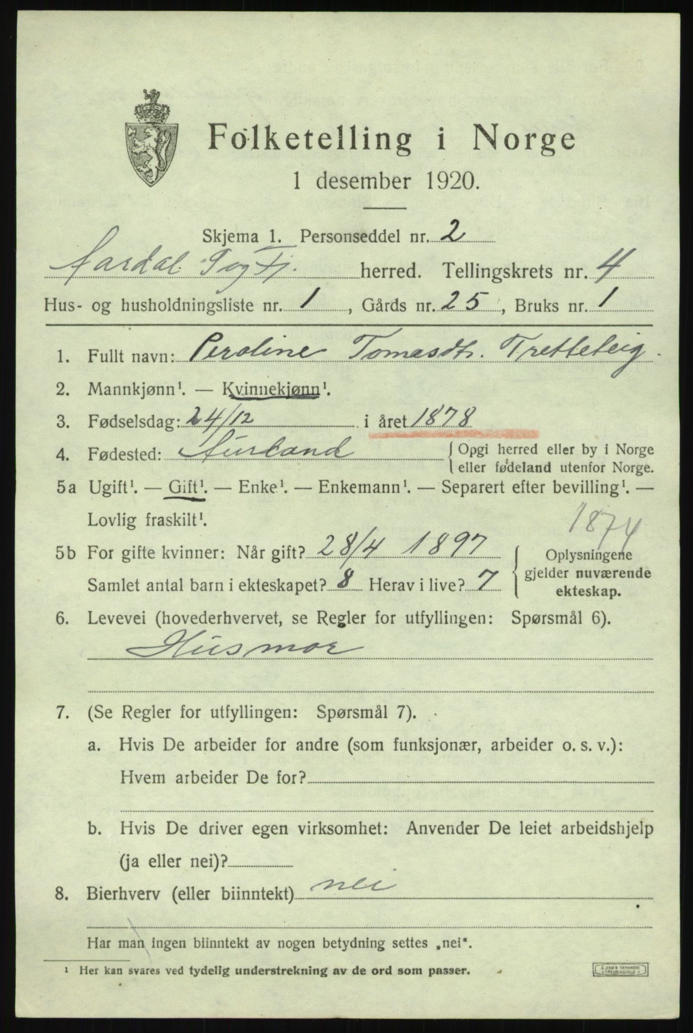 SAB, 1920 census for Årdal, 1920, p. 2609