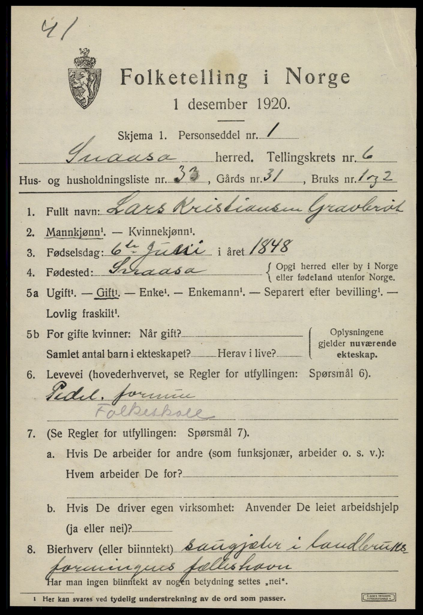SAT, 1920 census for Snåsa, 1920, p. 2910