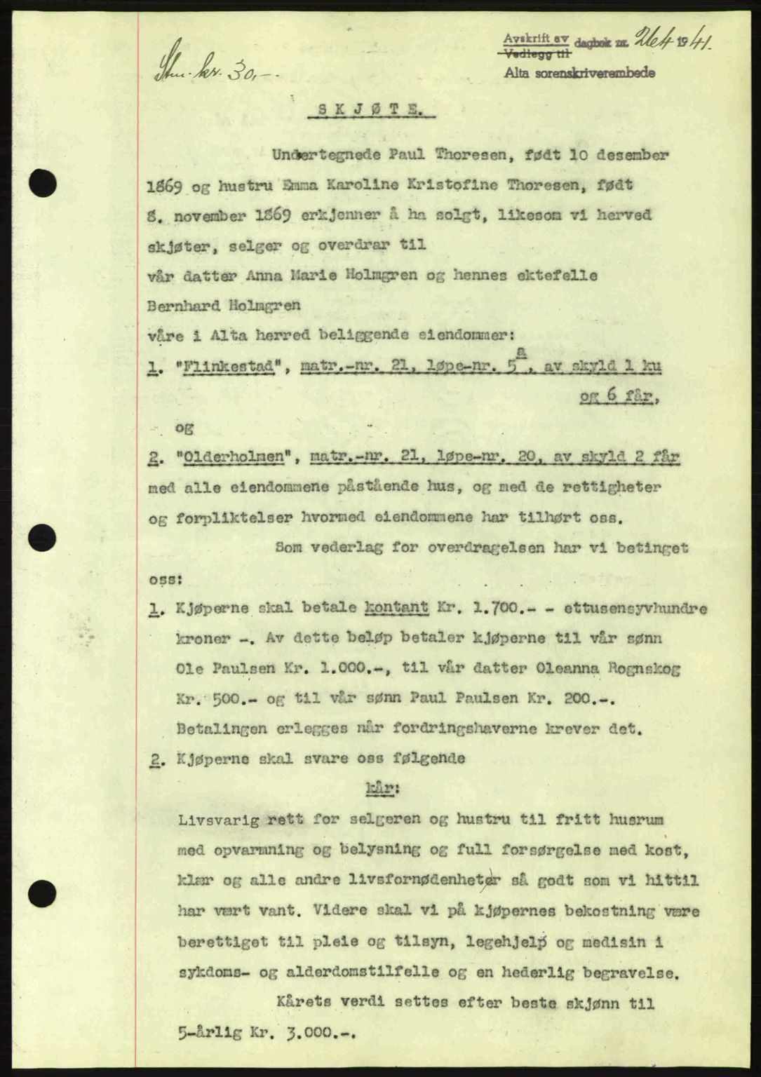 Alta fogderi/sorenskriveri, SATØ/SATØ-5/1/K/Kd/L0033pantebok: Mortgage book no. 33, 1940-1943, Diary no: : 264/1941