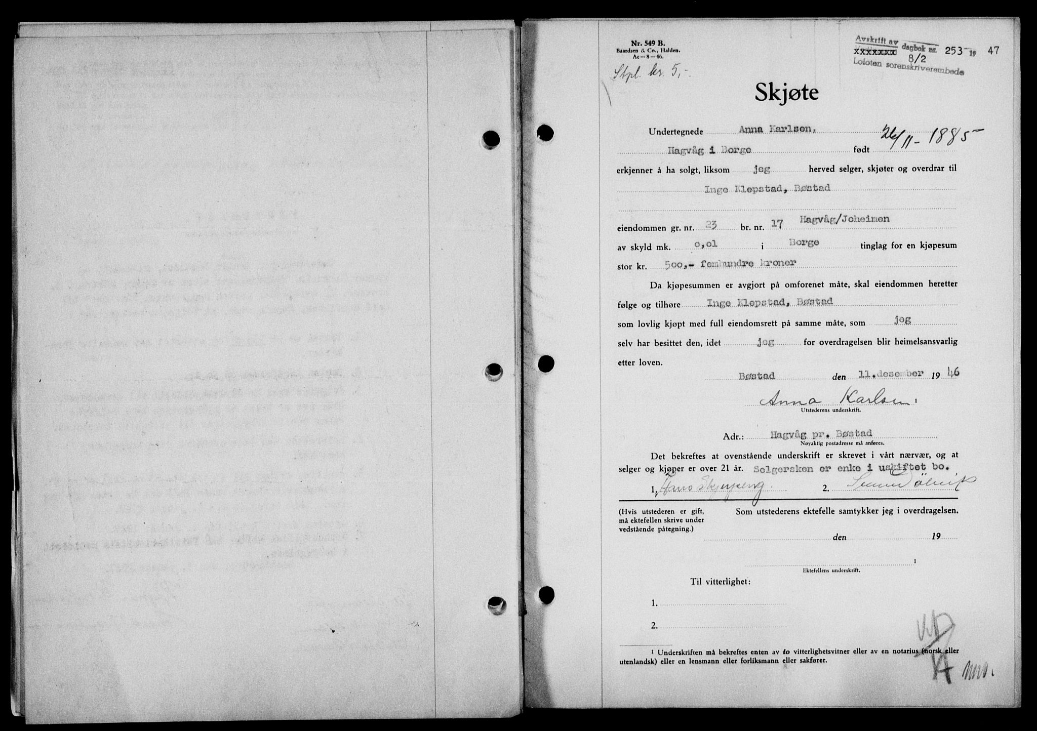 Lofoten sorenskriveri, SAT/A-0017/1/2/2C/L0015a: Mortgage book no. 15a, 1946-1947, Diary no: : 253/1947
