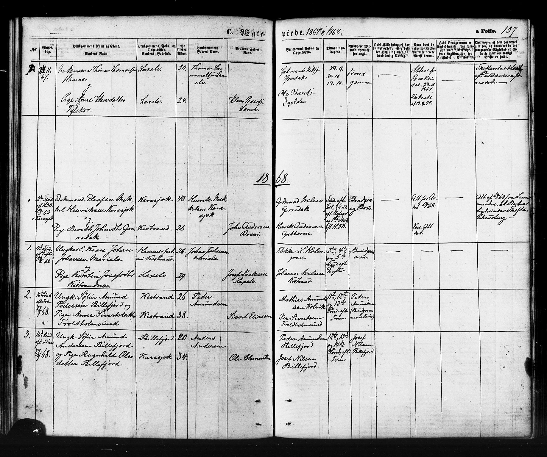 Kistrand/Porsanger sokneprestembete, AV/SATØ-S-1351/H/Ha/L0005.kirke: Parish register (official) no. 5, 1860-1874, p. 157