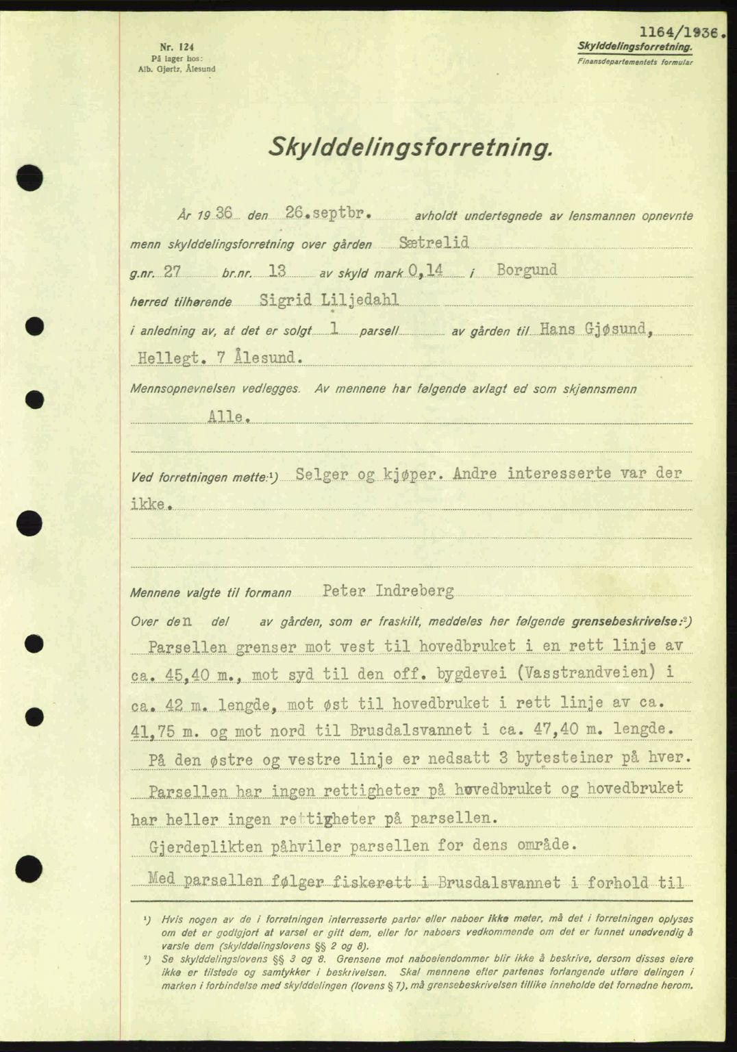 Nordre Sunnmøre sorenskriveri, AV/SAT-A-0006/1/2/2C/2Ca: Mortgage book no. A1, 1936-1936, Diary no: : 1164/1936