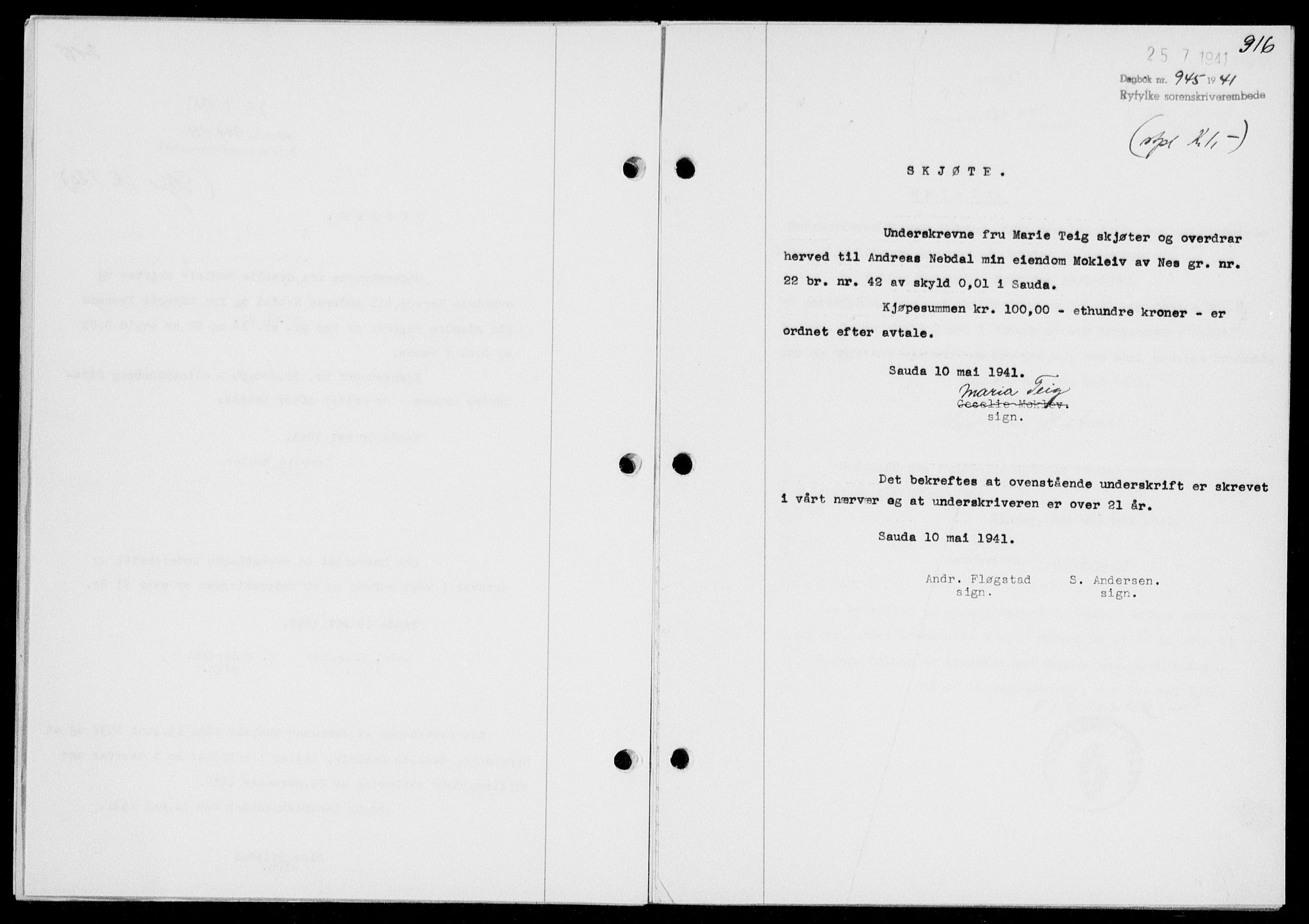 Ryfylke tingrett, SAST/A-100055/001/II/IIB/L0085: Mortgage book no. 64, 1941-1941, Diary no: : 945/1941
