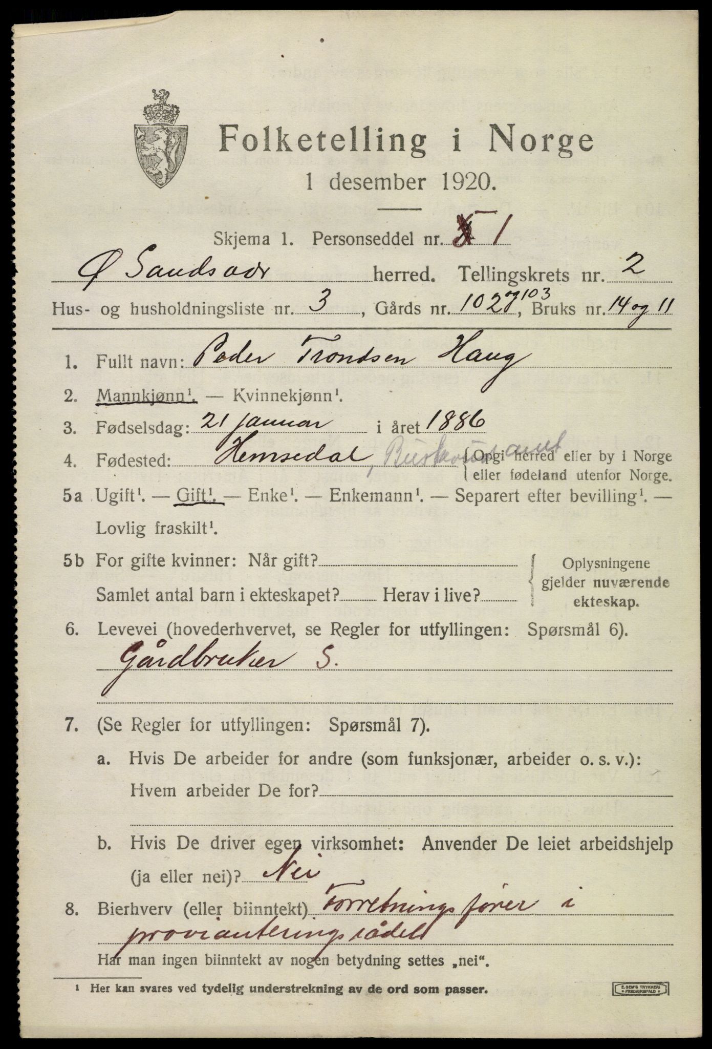 SAKO, 1920 census for Øvre Sandsvær, 1920, p. 1612