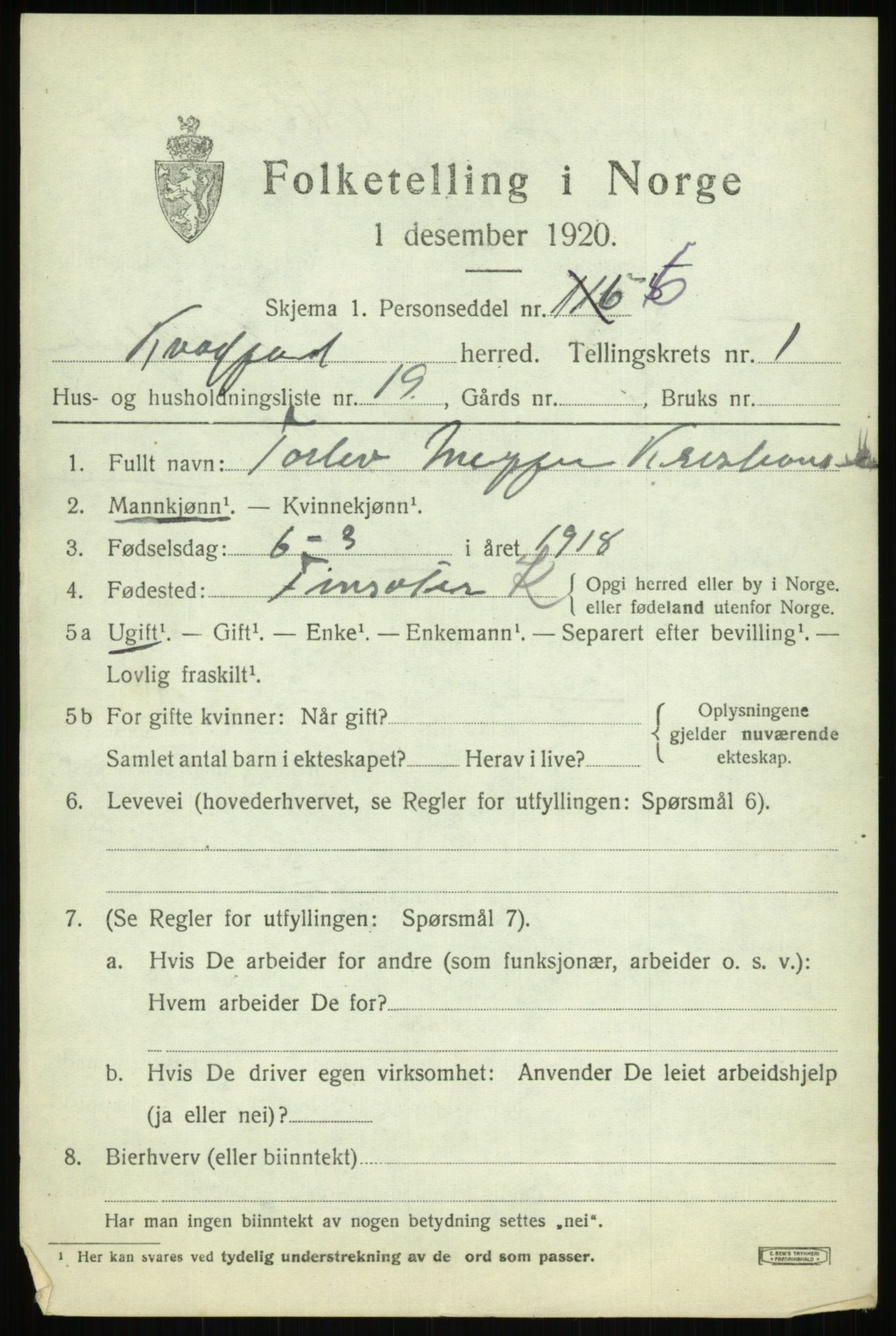 SATØ, 1920 census for Kvæfjord, 1920, p. 1407