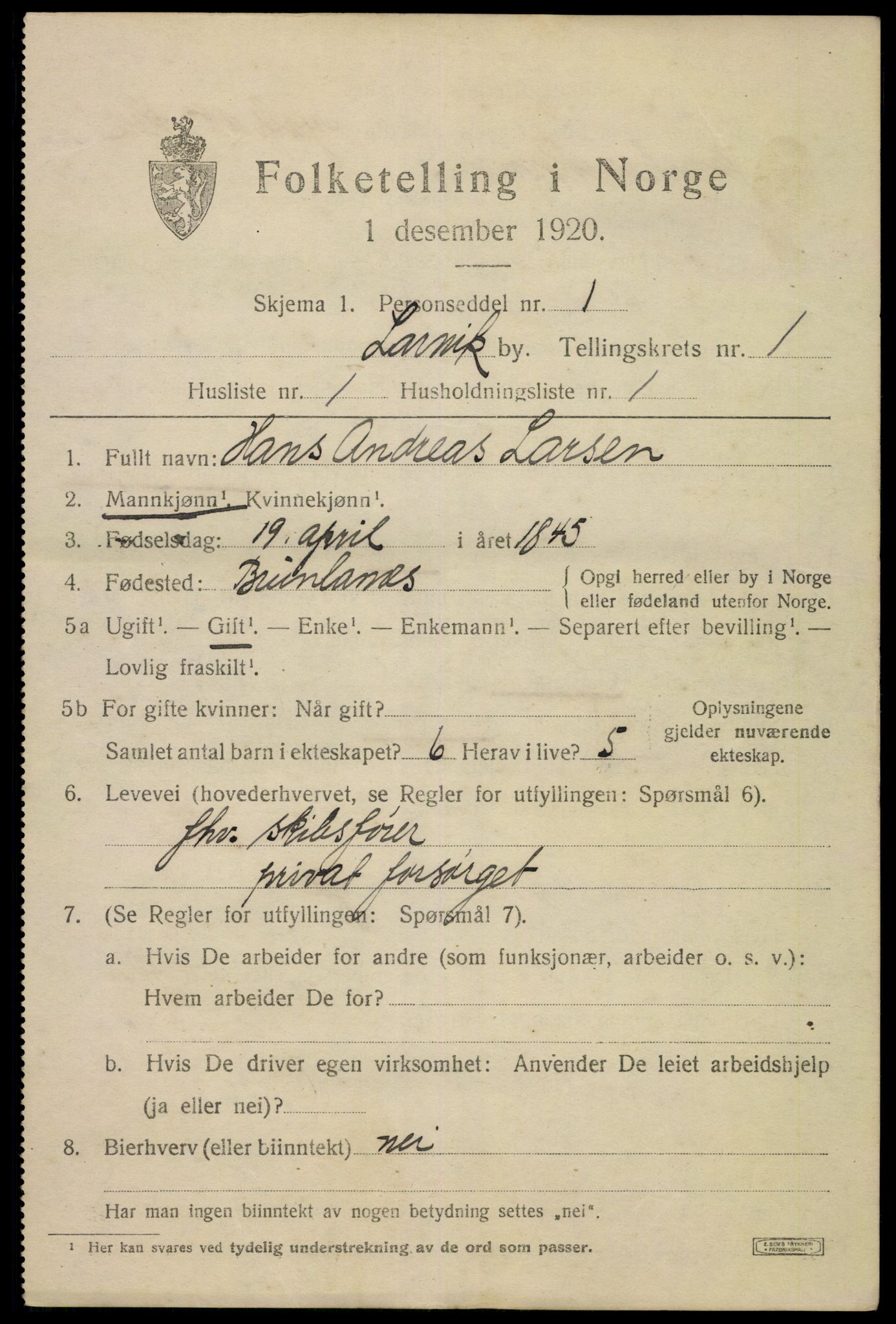 SAKO, 1920 census for Larvik, 1920, p. 8662