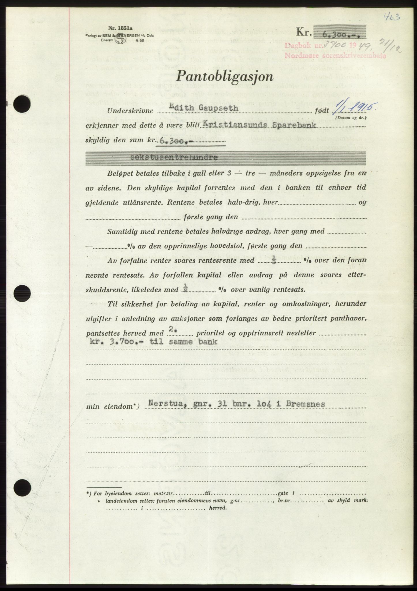 Nordmøre sorenskriveri, AV/SAT-A-4132/1/2/2Ca: Mortgage book no. B103, 1949-1950, Diary no: : 3700/1949